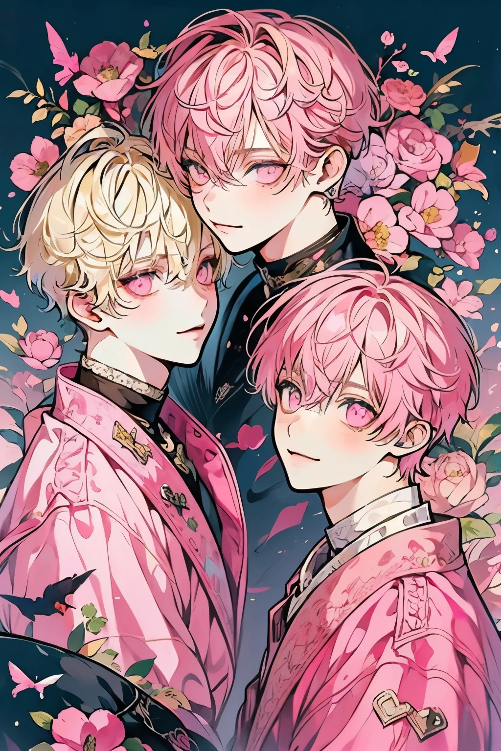 (masutepiece), (Best Quality), Highly detailed, (Two Boys:1.5), focus,Perfect face, Beautiful face, extra detailed face,(Pink eyes:1.3),florals,butterflys々,floralsびら,optic,(a smile:1.3),(blond boy:1.4),(pink hair boy:1.4)
