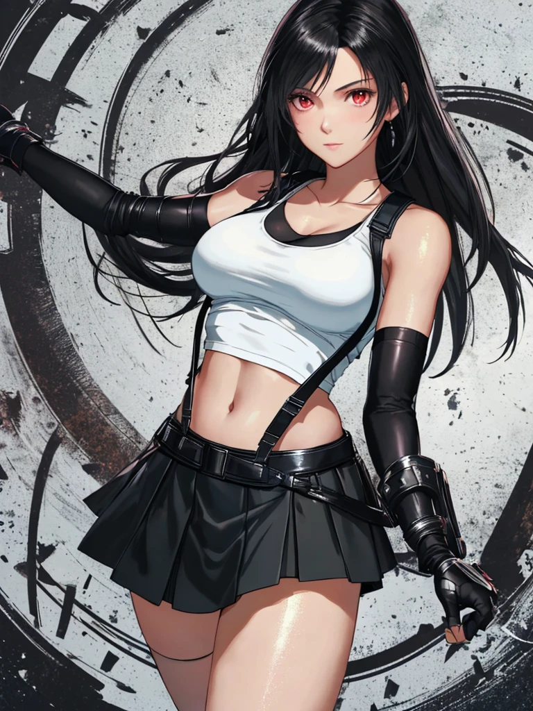 8k,masterpiece, bset quality,big, (1 girl), tifa lockhart, red_eyes, black hair, long hair, professional lighting, (shiny skin: 1.2), shiny big, ((best quality)), sharp focus: 1.2, highly detailed face and skin texture, detailed eyes, perfect face, perfect body, blur art, cg, backgroundBig breasts, 20yo, mature cool and beautiful face, wearing ((suspender black skirt), black elbow gloves, white taut shirt, thigh, white tank top), blush, lively pose, (mittgal), floating hair, random pose,