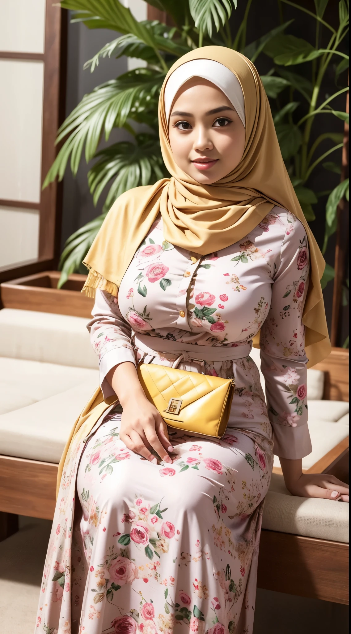 ( Close Up),RAW, Best quality, high resolution, masterpiece: 1.3), beautiful Malay woman in hijab,Masterpiece, perfect fit body, (big breast),big gorgeous eyes, Soft smile,thick thighs, beutifull face, sitting, woman in a floral skirt and yellow shirt posing for a picture, feminine in cute pastel shades, feminine in pastel shades, wearing a long flowery dress, wearing beautiful clothes, very beautiful style, dressed in long fluent skirt, very beautiful masterpiece, beautiful masterpiece, beautiful clothes, floral clothes, long skirt, hijab jungle gown , Excellent lighting, Bright colors, Clean lines