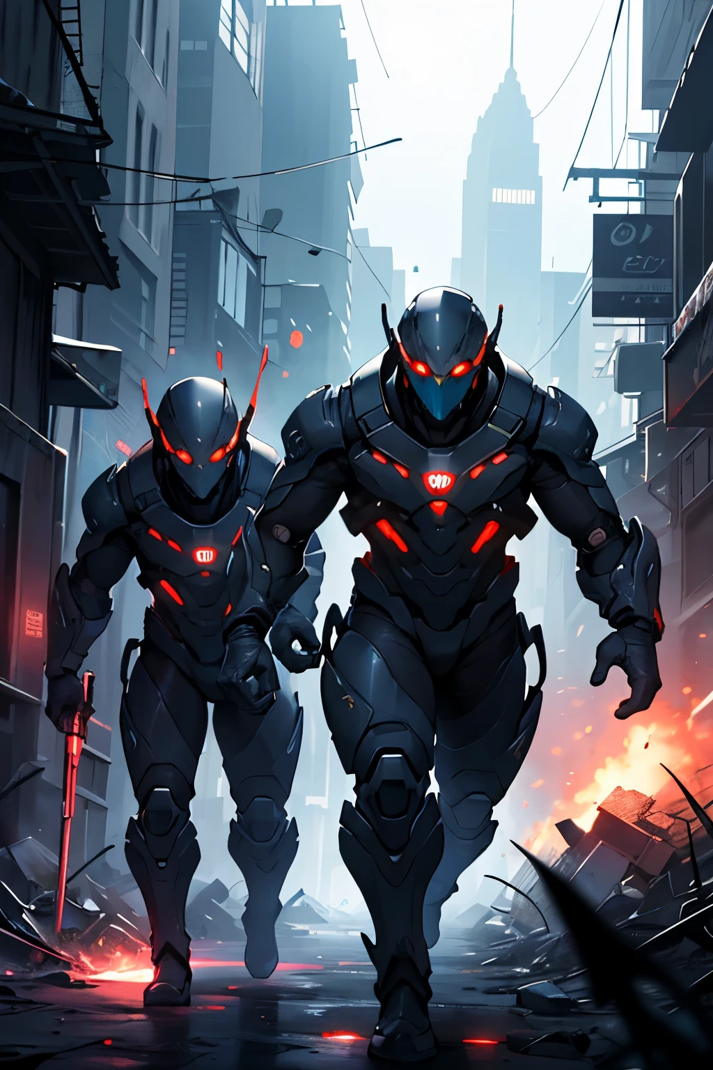 "spine-chilling、Intense alien invasion scene，The atmosphere is dark, dramatic lights, and drastic action. Demonstrate powerful alien creatures, advanced technique, Ruined cityscape, Panicked civilians, and a sense of imminent danger.. Generate disturbing and immersive images，Capture the chaos and horror of the otherworldly invasion. A group of humans in futuristic suits are fighting with laser guns, Bloody war, The scenario is extremely complex, Impressive intricate details, Textures displayed are extremely smooth. bright, sharp light"