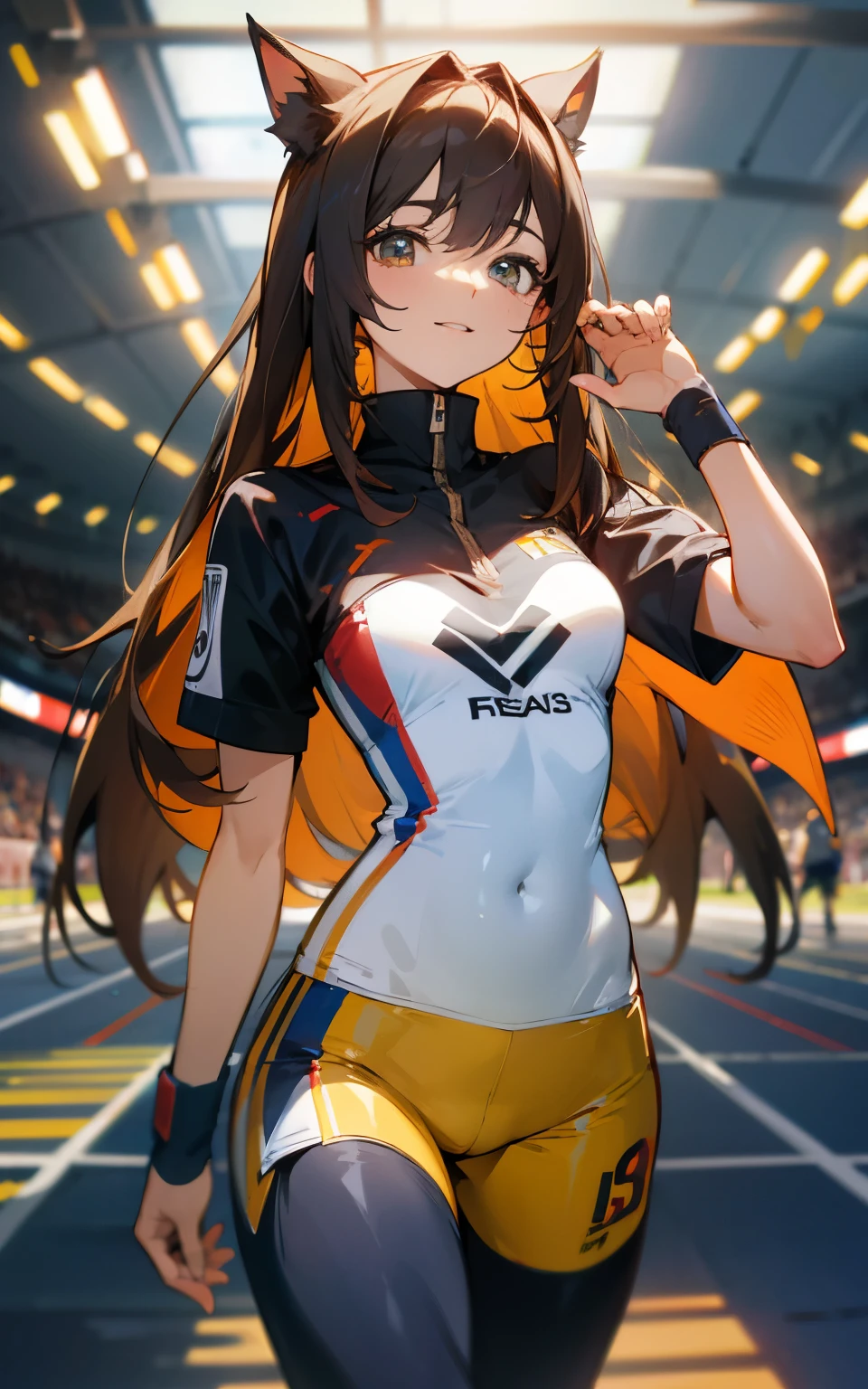 (Personaje original、Unidad 16K Fondo de pantalla, Obra maestra, La mejor calidad, Ultra-Detallado, Extremely Detallado CG, caustics, cinematic lighting, Detallado, Beautiful Detallado Eyes, solamente), ultrahigh resolution, piel fina, (Atletismo:1.2) 、(Luz fuerte)、piel grasa,They are smiling , DESDE EL FRENTE:1.2、(Mujeres sexys)、arena、Toma de cuerpo completo、separar、Bloomers de carreras、Presumir el vientre,Presumir el cuello,sunny day、Disparo de vaquero,cabello marron、Mostrar axila