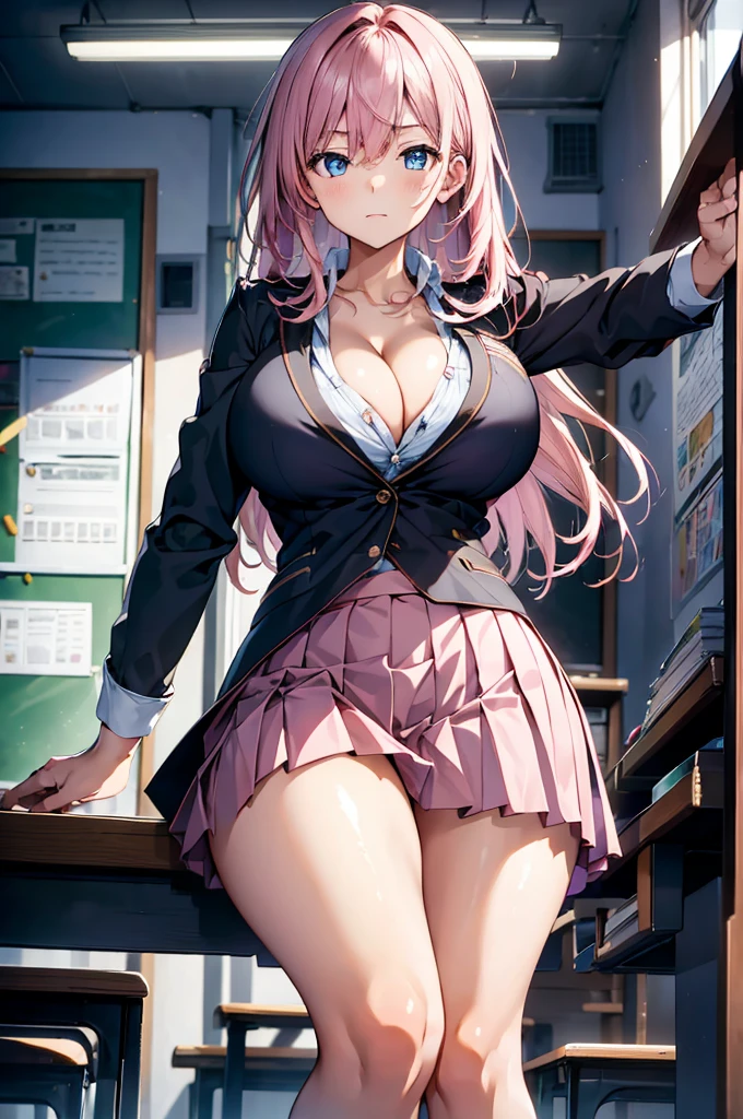 masterpiece, best quality, finely detailed, 1girl, pink_rose hair, pleated skirt, (school uniform), huge breasts, cleavage, classroom,