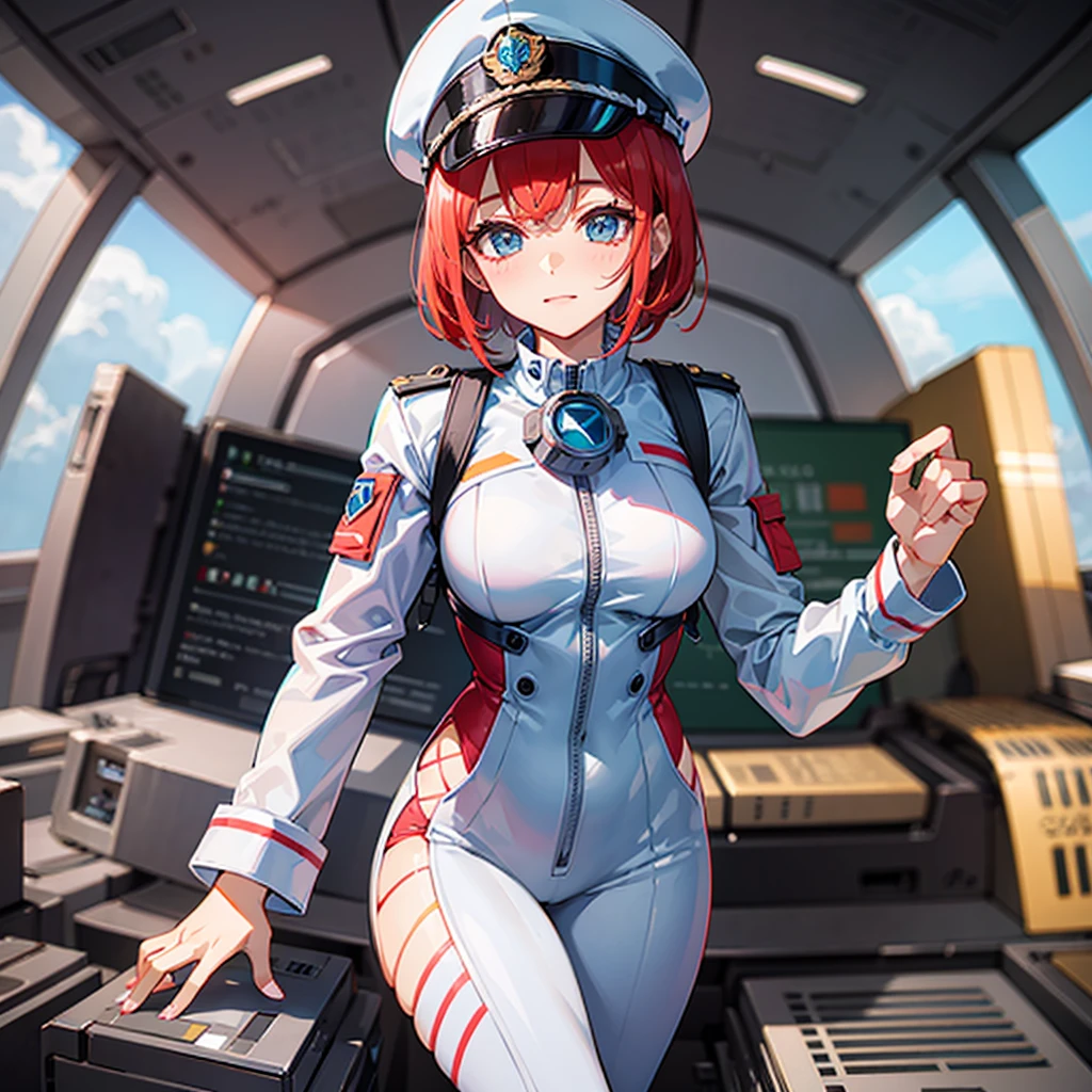 (((masterpiece、Top image quality、top-quality、highly detailed unity 8kwall-paper)))、(Illustration of one woman)、30-years old、(Viceroy)、((Red-haired shorthair))、(Thin hair hanging down both sides of the face)、Blue eyes、((Tall))、((Muscle Woman、stocky build、muscular legs、broad shoulders、solid chest))、((Military uniforms))、((Military Cap))、((Military coat))、(white clothes)、(White pants)、(White cap)、trench coat、long boots、(((Inside a futuristic spaceship、cockpit、The Universe on the Monitor)))