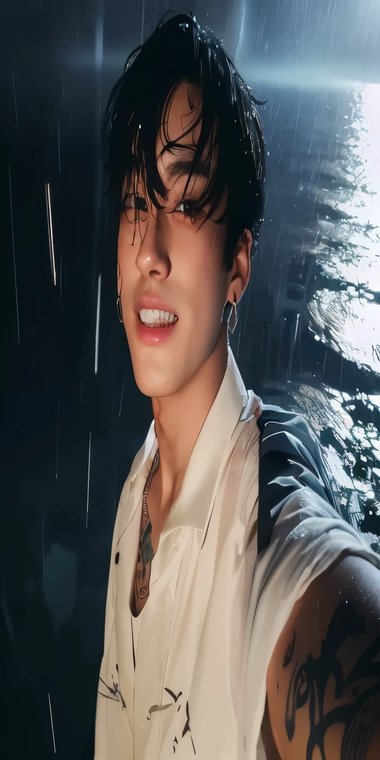 arafed image of a man with a tattoo on his arm taking a selfie, jungkook, cai xukun, glossy from rain, ☁🌪🌙👩🏾, raining, rain!!!!, raining portrait, like tears in rain time to die, rain aesthetic, profile pic, fanart, inspired by Bian Shoumin, 8k)), inspired by jeon jungkook