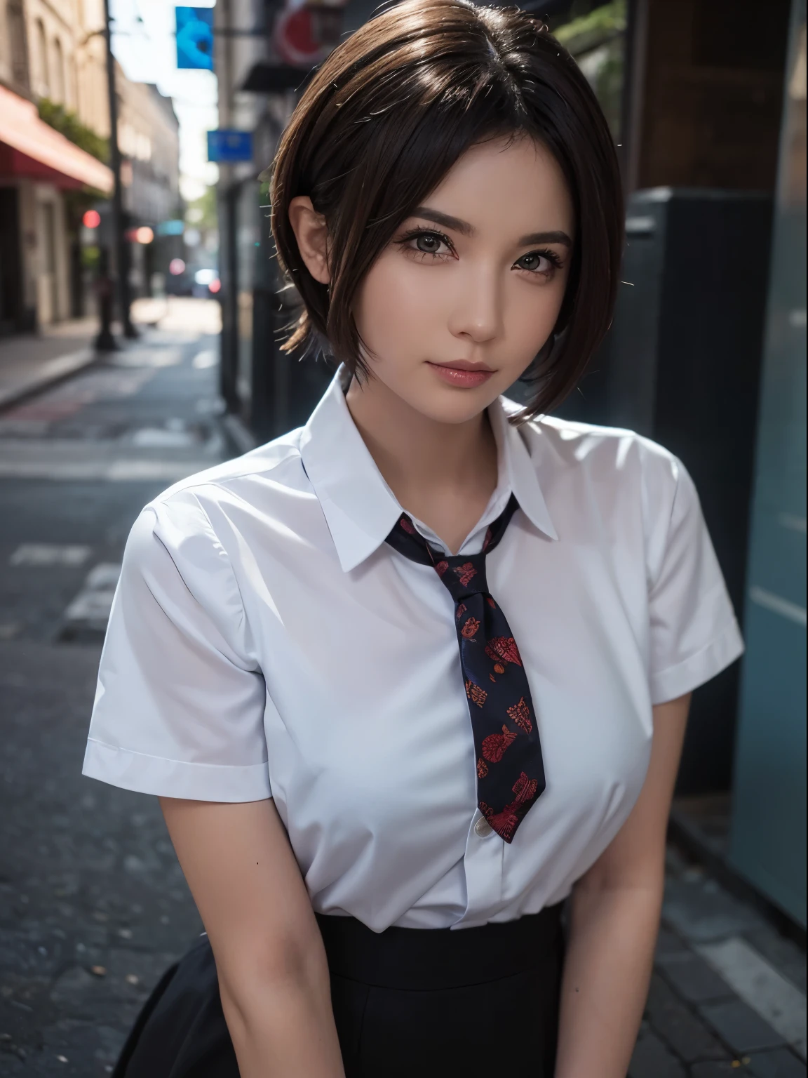 (masterpiece:1.3), (8k, photorealistic, RAW photo, best quality: 1.4), (1girl), beautiful face, (realistic face), (black hair, short hair:1.3), beautiful hairstyle, realistic eyes, beautiful detailed eyes, long eyelashes, (realistic skin), beautiful skin, medium breasts, (perfect body:1.3), (detailed body:1.2), (white collared shirt), (black pleated skirt), (necktie), absurdres, attractive, ultra high res, ultra realistic, highly detailed, golden ratio