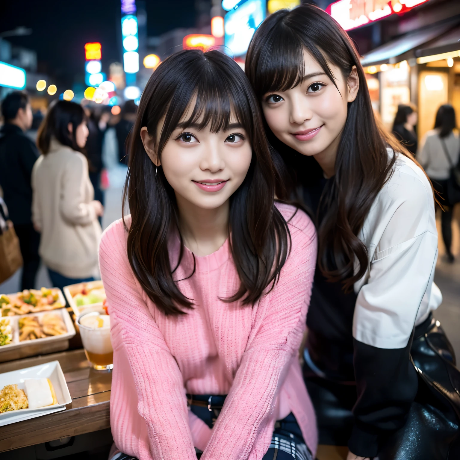 2 girls、Fukuoka、Hakata、Zhongzhou、Lined with food stalls、street vendors、nightclub、night cityscape、Neon Street、full bodyesbian、a closeup、A smile、、(8K、Raw photography、top-quality、masterpiece:1.2)、(realisitic、フォトrealisitic:1.37)、Highly detailed eyelash drawing、(((Top image quality))), (Perfect Anatomy), (Realistic), (Dynamic Angle), Pose Seductive,Perfect, Look、top-quality、hight resolution、Osaka、Shinsaibashi、wearing a fashionable winter jersey、street snap、Hair is short、full bodyesbian、Fashionable fashion、age 30s、I'm sitting on a chair and drinking alcohol.