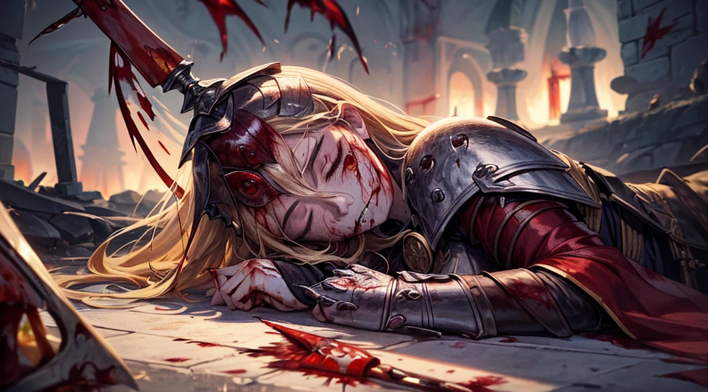 masterpiece,best quality,ultra detailed,(1 Fallen Female Knight),(one eye closed),(upset:1.0)upper body shot,The fire sword,blonde hair,long hair,blue eye,straight hair,(ThunderStorm:1,5),darksouls,(fire:1.4),(Rainy:0.9),((blood dripping from mouth:1.2)),(((profuse bleeding:1.6))),castle town
