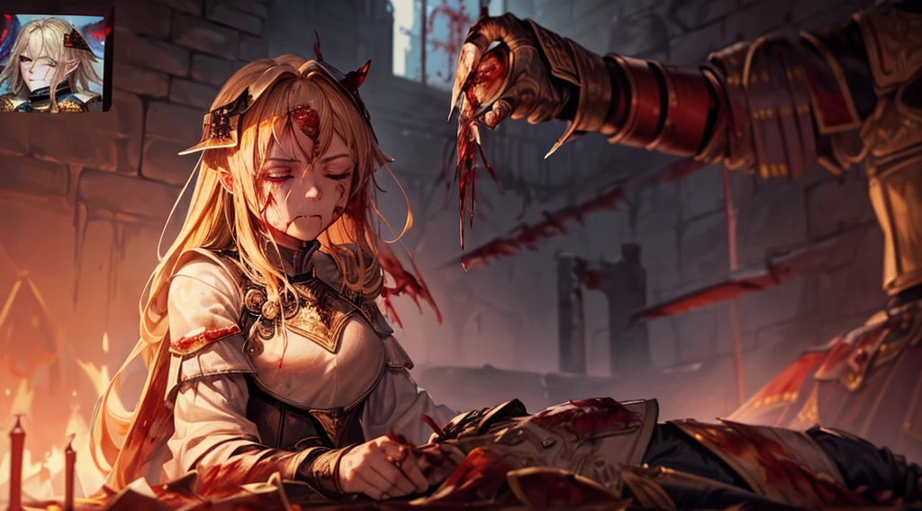 masterpiece,best quality,ultra detailed,(1 Fallen Female Knight),(one eye closed),(upset:1.0)upper body shot,The fire sword,blonde hair,long hair,blue eye,straight hair,(ThunderStorm:1,5),darksouls,(fire:1.4),(Rainy:0.9),((blood dripping from mouth:1.2)),(((profuse bleeding:1.6))),castle town