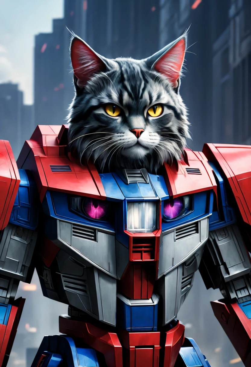 Create a character, combining Cat and Optimus Prime., high detail, Maximum realism, cinematic treatment
