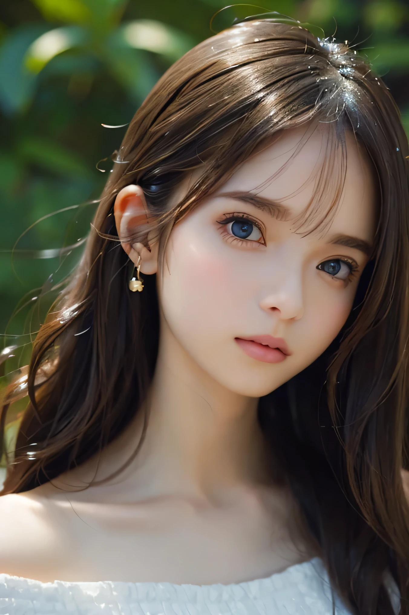 Close-up portrait of a woman wearing a brown off-shoulder top dress and earrings, soft portrait shot 8 k, lovely delicate face, high-quality 4k portrait, high quality portrait, soft flawless pale skin, 8K highly detailed face, Beautiful delicate face, beautiful light big eyes, beautiful and realistic faces, beautiful young woman with, beautiful and realistic faces, cute young woman