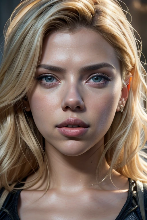 Create amazing image of actress Scarlett Johansson, blonde, with detailed eyes and shine, textured skin and pores, detailed mouths, cinematic lighting, intricate, hyper realistic, high resolution, 4k, raw