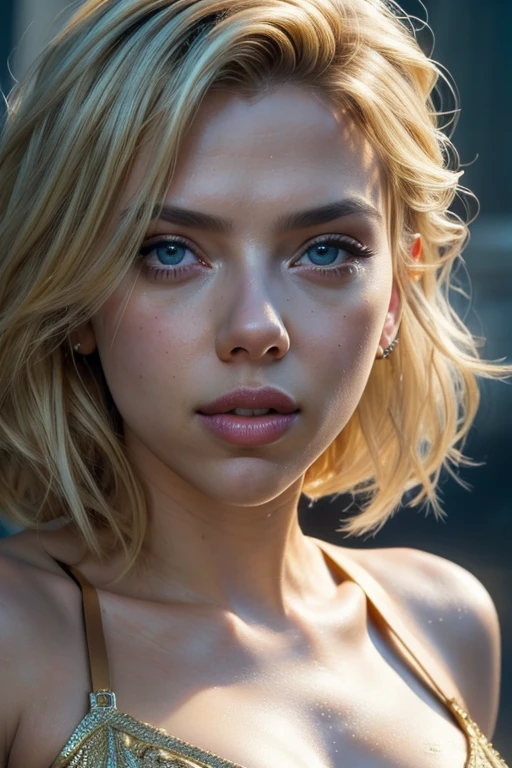 Create amazing image half body of actress Scarlett Johansson, blonde, with detailed eyes and shine, textured skin and pores, detailed mouths, cinematic lighting, intricate, hyper realistic, high resolution, 4k, raw