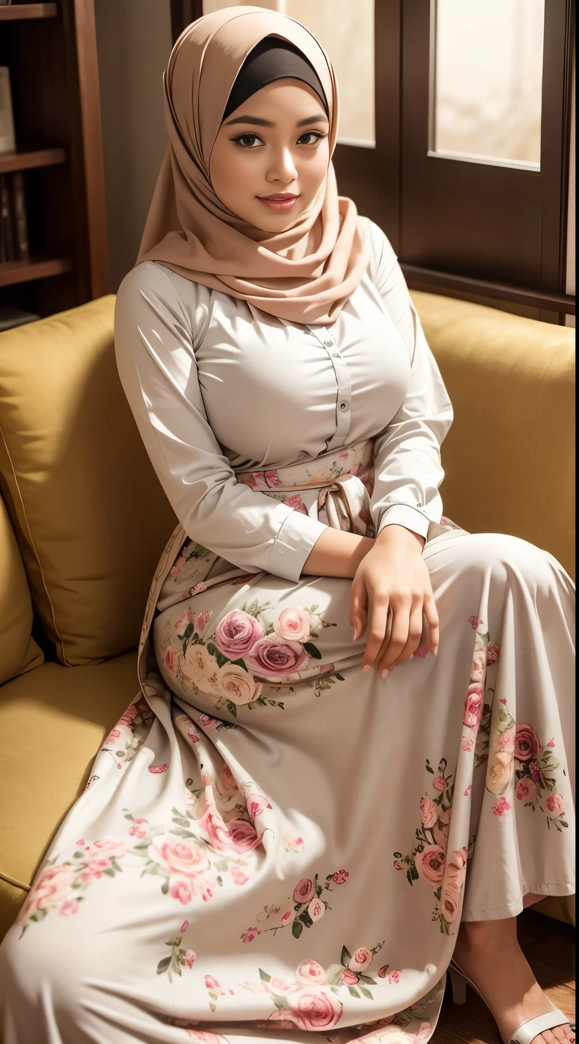 ( Close Up),RAW, Best quality, high resolution, masterpiece: 1.3), beautiful Malay woman in hijab,Masterpiece, perfect fit body, (big breast),big gorgeous eyes, Soft smile,thick thighs, beutifull face, sitting, woman in a floral skirt and yellow shirt posing for a picture, feminine in cute pastel shades, feminine in pastel shades, wearing a long flowery dress, wearing beautiful clothes, very beautiful style, dressed in long fluent skirt, very beautiful masterpiece, beautiful masterpiece, beautiful clothes, floral clothes, long skirt, hijab  , Excellent lighting, Bright colors, Clean lines