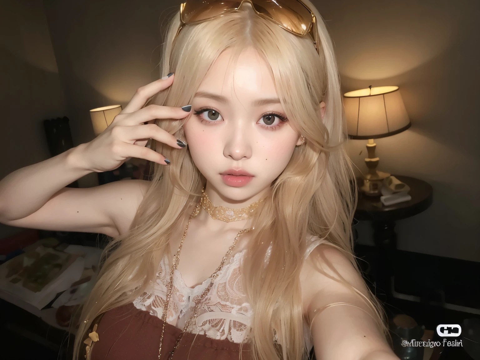 chica rubia con gafas de sol y una gargantilla en la cabeza, ulzzang, Parque Roseanne de Blackpink, con cabello largo y ojos penetrantes, Cabello largo y rubio y ojos grandes, pale porcelain white skin, cabello rubio y ojos grandes, Chica de anime en la vida real, pale fair skin!!, con cabello largo y rubio, Hermosa Delphine, cabello rubio muy, very pale