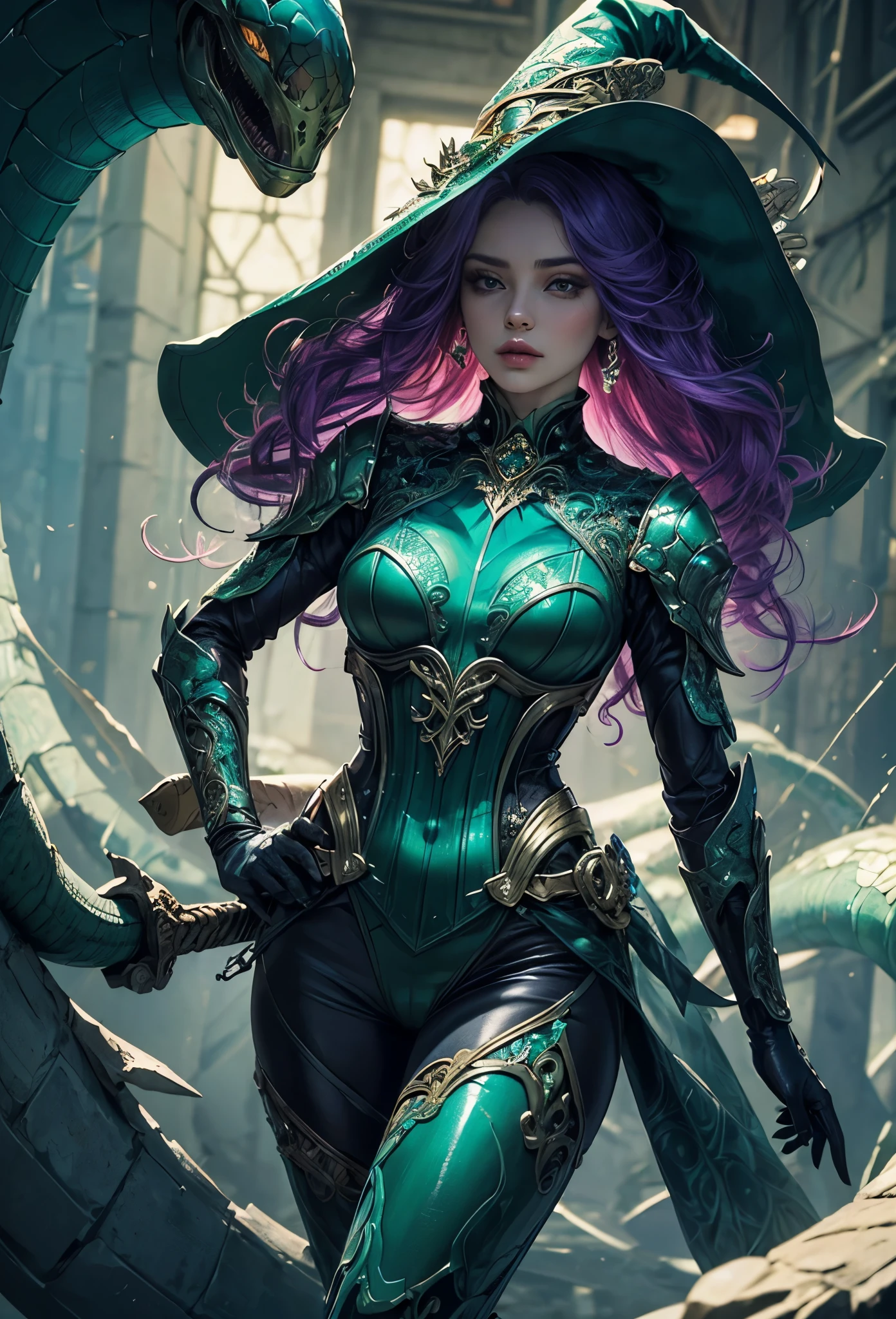 (Detailed illustrations,Very detailed and detailed drawing,Delicate lines with slow and rapid,Realistic texture expression),[Color tressed main line],(Battlefield of Fantasy World [Burning castle]),(ROBOT GIRL(Emerald Witch [witch's hat [[Iron Mask]METALFACE]])[WEAPON MACHINE],(scaleで覆われたケープ [green crystal corset [snake chain [scale]]]),[Transparent material covering the body surface[clear green]],(Viper pattern),[Using a magic wand as a weapon],[[Mobile Weapon Gigant Size][Science Fiction Mechanical]],(Intricate and beautiful decoration [Dense detail]),[Transparency],(Precisely drawn face)[完璧な目のdetaileds(Iris beautifully drawn in every detail)[Jewel-like eyes]],[long and beautiful eyelashes],[Meticulously drawn hair [美しく艷やかな髪のdetaileds]],(完璧な手のdetaileds [Beautiful fingers without breakdowns [Beautiful nails]]),(Perfect Anatomy(Perfectly proportioned))[[Full body like]],[Ideal color coordination(Accurate simulation of light-material interactions)],([Precision Detail](detaileds,high-detail)),[Visual art that conveys a sense of narrative].