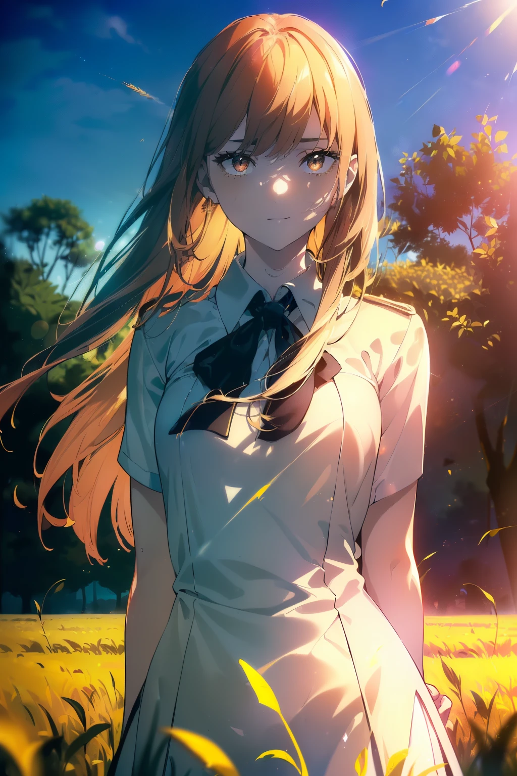 ((((Obra maestra, La mejor calidad, ultrahigh resolution)))), beautiful girl, standing, (((wearing blue school uniform)), (long hair in view, in frame), pale skin, ((brown eyes)), (ultra detailed eyes:0.7, beautiful and detailed face, detailed eyes:0.9), ((centered)), smile, ((wide shot)), facing viewer, (((vibrant background of outdoors, field of grass, bright lighting, summer, sunlight))), flat chested, looking at viewer, ((perfect hands)), ((head:1, hips, elbows, arms, in view)), ((hands behind back)), beautiful lighting, defined subject, (18 years old), ((cool looking)), ((sunny glare))