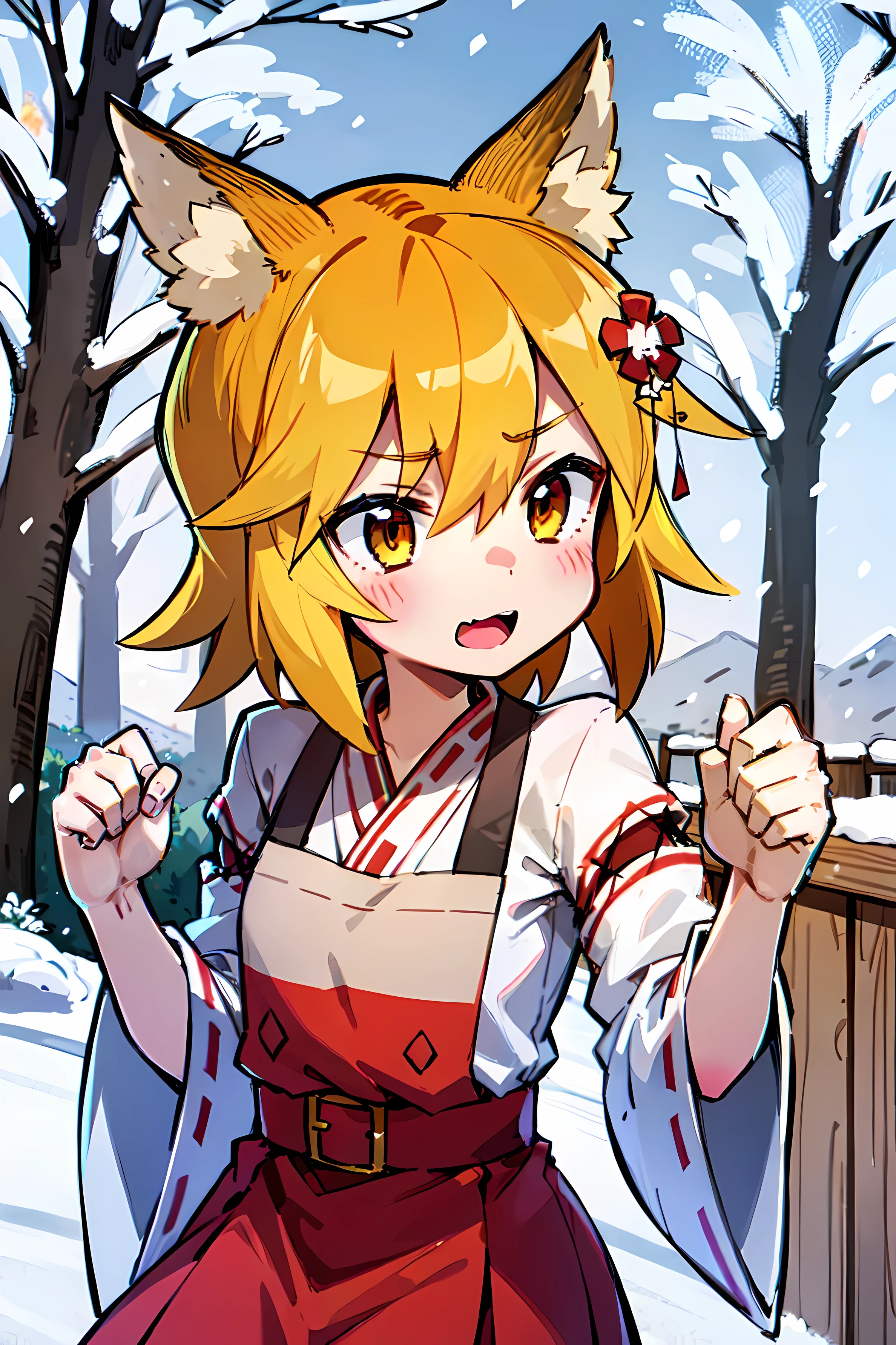 A girl, Fox ears, 4K Image, flowers of different colors, field, Beautiful trees, Maximum details, village, at home, Beautiful cloud, Very nice girl, fists, Preparing for battle, Aggressive face, Vampire's Tooth, White Trees, snowing, overcast weather, snowingурочка, Наряд snowingурочки