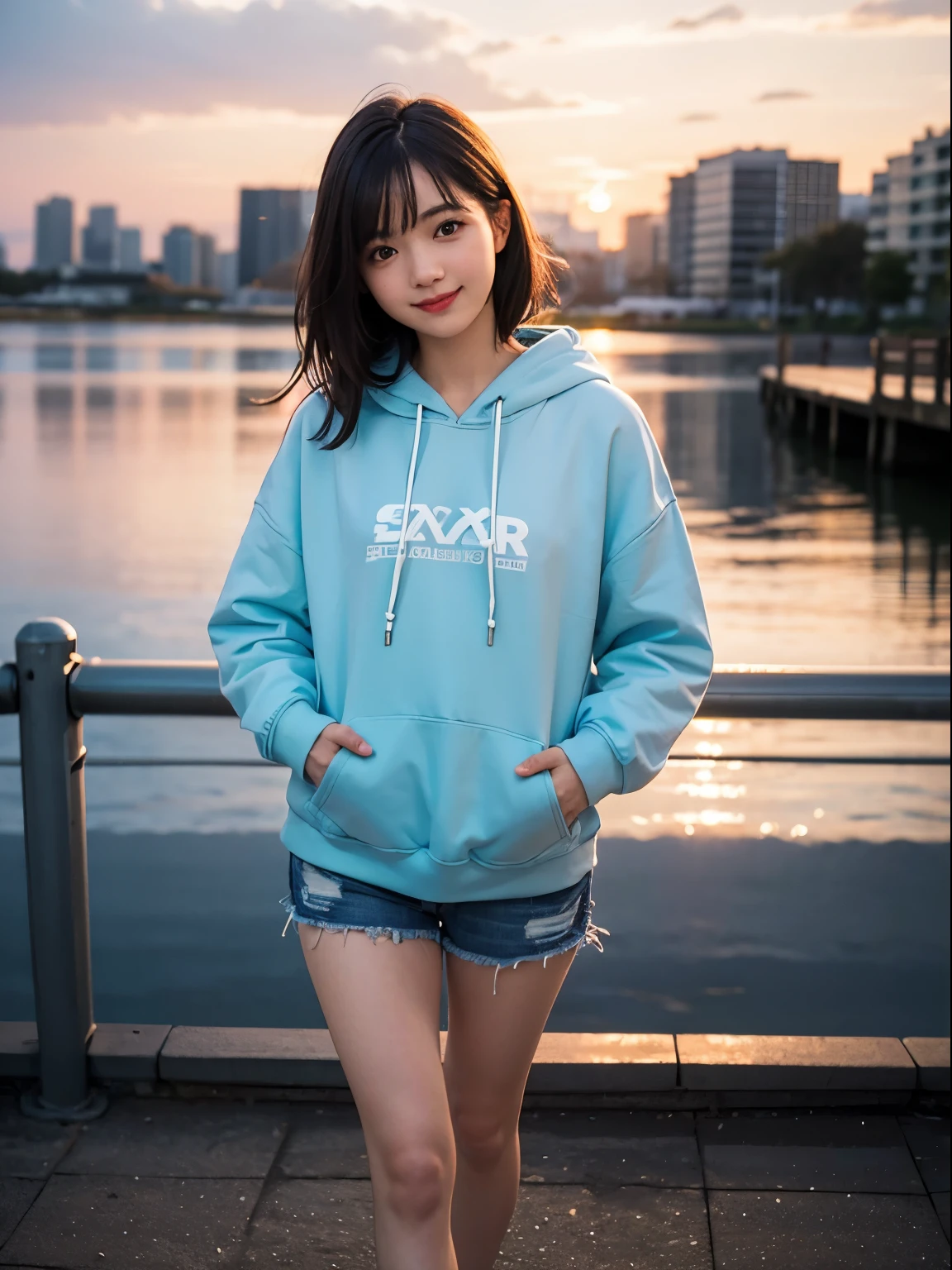 (RAW photo, best quality, high quality, highres), (realistic, photo-realistic), ultra-detailed, (front lighting), physically-based rendering, 1girl, 20 years old, (looking at viewer), (highly detailed skin:1.3), smiling, head tilt, very very long longest hoodie, light blue hoodie, bare legs, hands in hoodie pocket, detailed eyes, air bangs, sunset cityscape, legs wide open,