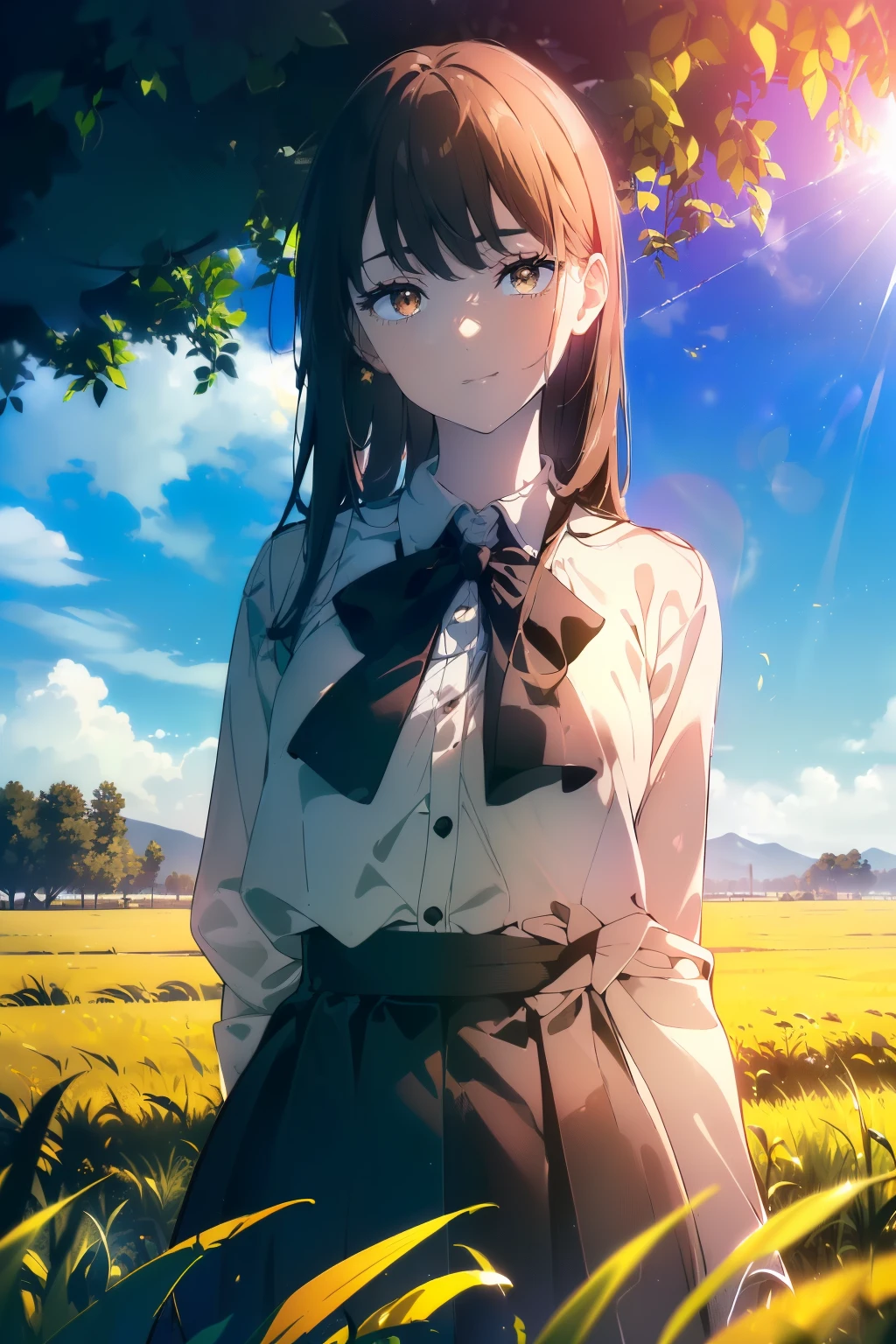 ((((Obra maestra, La mejor calidad, ultrahigh resolution)))), beautiful girl, standing, (((wearing blue school uniform)), (long hair in view, in frame), pale skin, ((brown eyes)), (ultra detailed eyes:0.7, beautiful and detailed face, detailed eyes:0.9), ((centered)), smile, ((wide shot)), facing viewer, (((vibrant background of outdoors, field of grass, bright lighting, summer, sunlight))), flat chested, looking at viewer, ((perfect hands)), ((head:1, hips, elbows, arms, in view)), ((hands behind back)), beautiful lighting, defined subject, (18 years old), ((cool looking)), ((sunny glare))