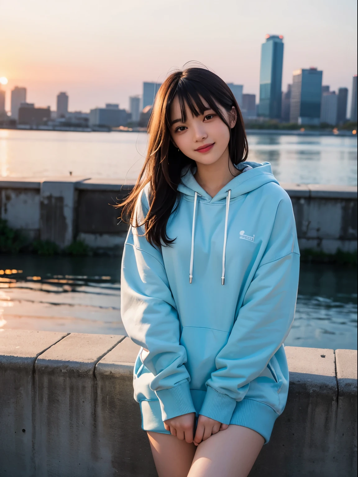 (RAW photo, best quality, high quality, highres), (realistic, photo-realistic), ultra-detailed, (front lighting), physically-based rendering, 1girl, 20 years old, (looking at viewer), (highly detailed skin:1.3), smiling, head tilt, very very long longest hoodie, light blue hoodie, bare legs, hands in hoodie pocket, detailed eyes, air bangs, sunset cityscape