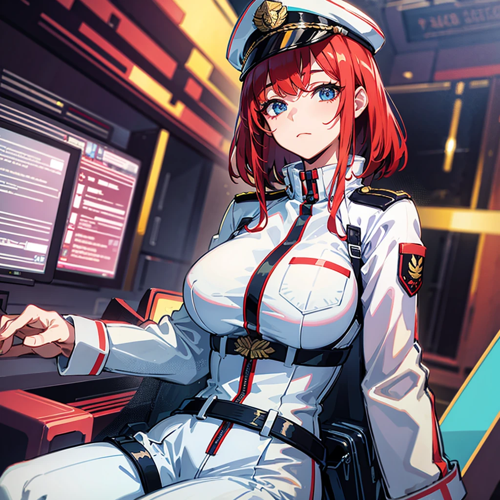 (((masterpiece、Highest image quality、highest quality、highly detailed unity 8kwallpaper)))、(Illustration of one woman、Beauty、30 years old)、(Viceroy)、((Red-haired shorthair、sidelocks、blue eyes))、((tall、stocky build, thickset physique, muscular legs, broad shoulders, solid chest))、((Military uniforms、Military Cap、Military coat))、(white clothes、White pants、white hat)、trench coat、(((manspreading、Sitting in the captain's seat)))、(((Inside a futuristic spaceship、Surrounded by instruments and monitors、The Universe on the Monitor、Earth seen from space)))