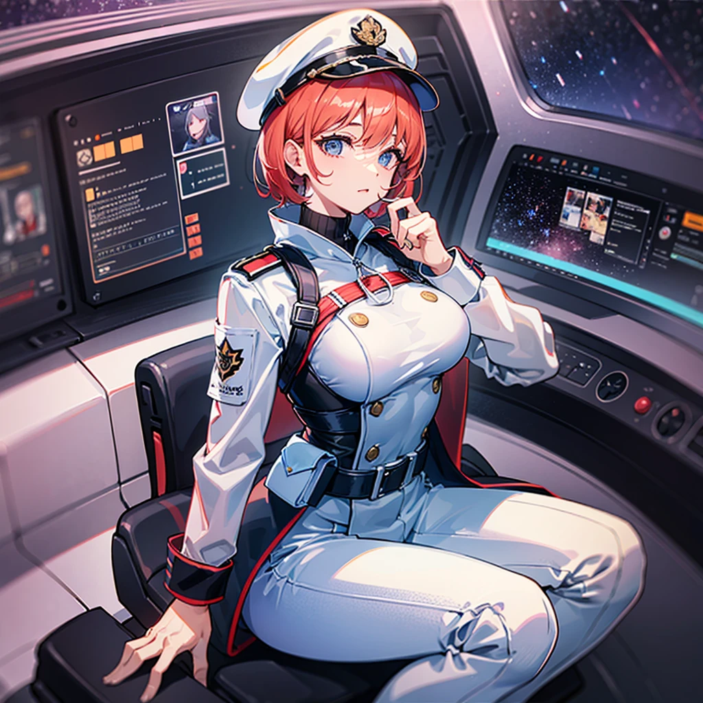 (((masterpiece、Top image quality、top-quality、highly detailed unity 8kwall-paper)))、(Illustration of one woman)、30-years old、(Viceroy)、((Red-haired shorthair))、(Thin hair hanging down both sides of the face)、Blue eyes、((Tall))、((Muscle Woman、stocky build、muscular legs、broad shoulders、solid chest))、((Military uniforms))、((Military Cap))、((Military coat))、(white clothes)、(White pants)、(White cap)、trench coat、long boots、(((Inside a futuristic spaceship、cockpit、The Universe on the Monitor)))