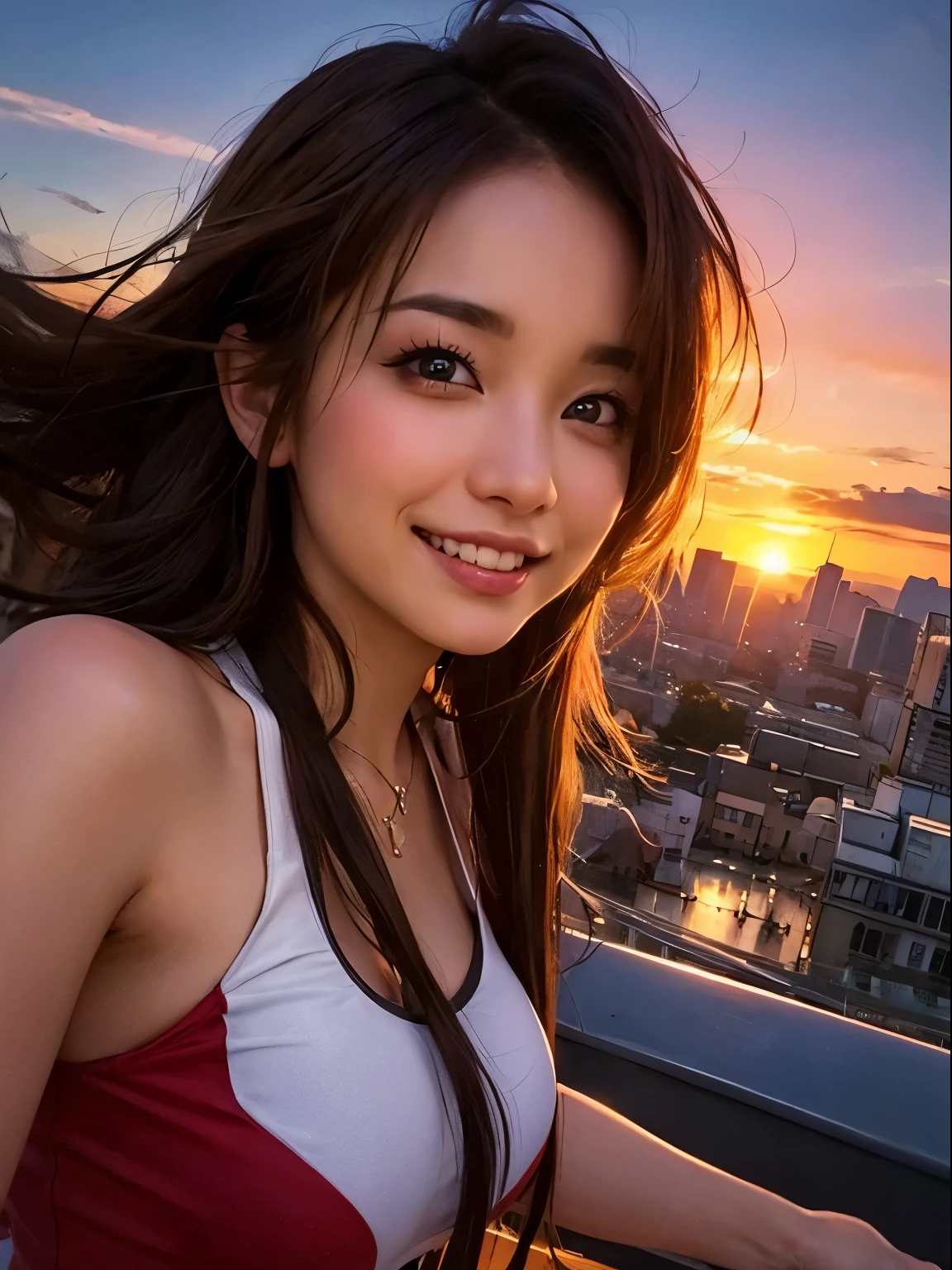 1 punk girl, fish eye, Self-shot, Wind, hair messy, Sunset, Cityscape, (Aesthetics and atmosphere:1.2),Smiling、Hyper-realistic、masutepiece