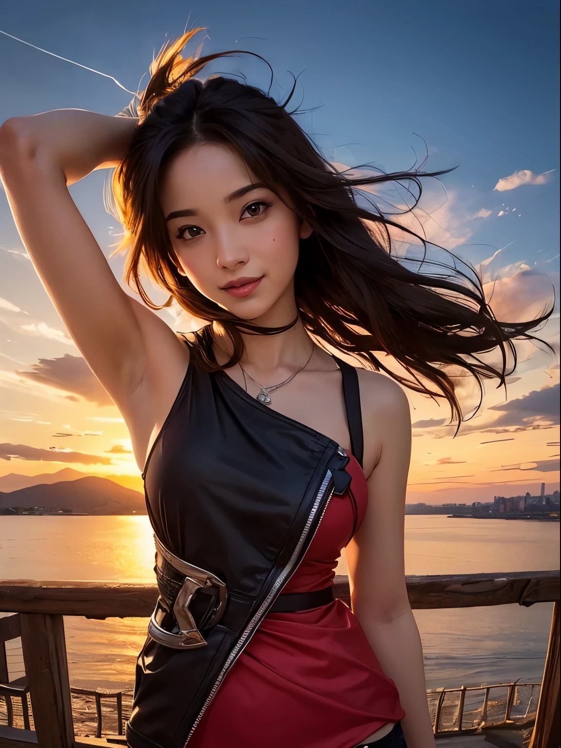 1 punk girl, fish eye, Self-shot, Wind, hair messy, Sunset, Cityscape, (Aesthetics and atmosphere:1.2),Smiling、Hyper-realistic、masutepiece