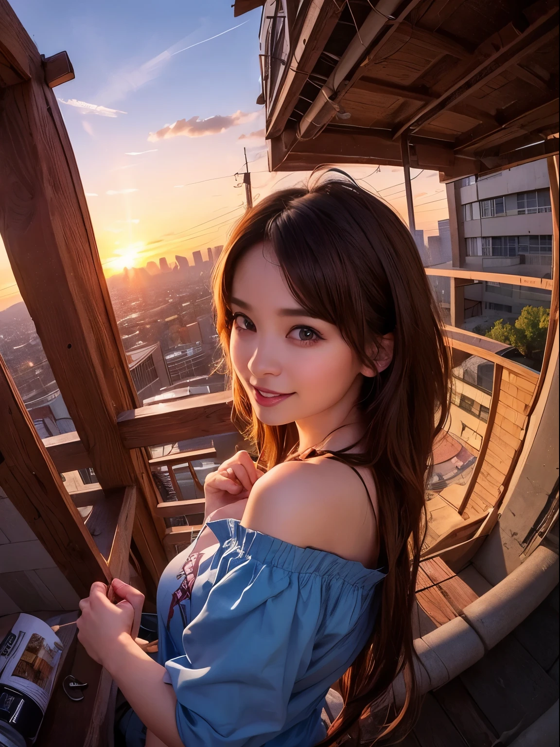 1 punk girl, fish eye, Self-shot, Wind, hair messy, Sunset, Cityscape, (Aesthetics and atmosphere:1.2),Smiling、Hyper-realistic、masutepiece