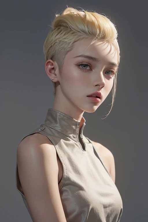 a 20 yo woman, blonde, (hi-top fade:1.3), dark theme, soothing tones, muted colors, high contrast, (natural skin texture, hyperrealism, soft light, sharp)
