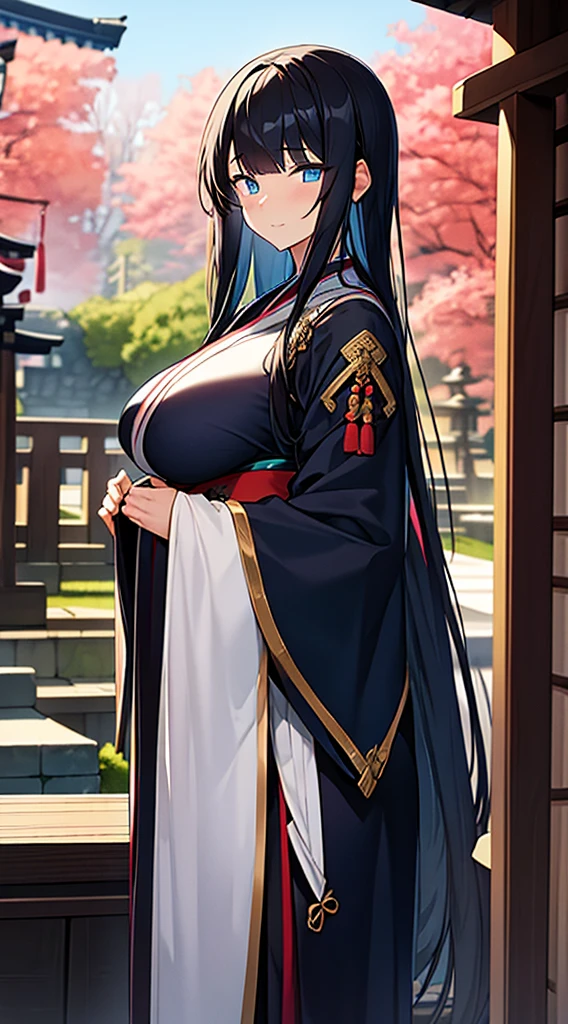 A dark-haired、Long hair that goes down to the waist、Blue eyes、Japan priestess uniform、Beautiful woman with big breasts、Japan garden in the background、The kimono is a little transparent、A slightly shy face、