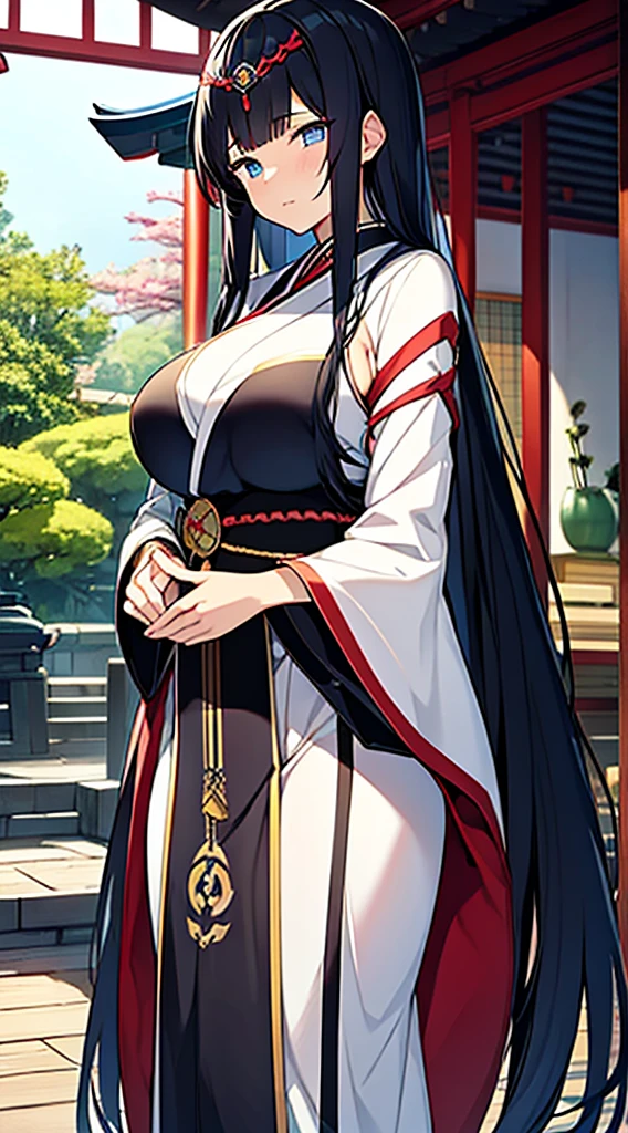 A dark-haired、Long hair that goes down to the waist、Blue eyes、Japan priestess uniform、Beautiful woman with big breasts、Japan garden in the background、The kimono is a little transparent、A slightly shy face、