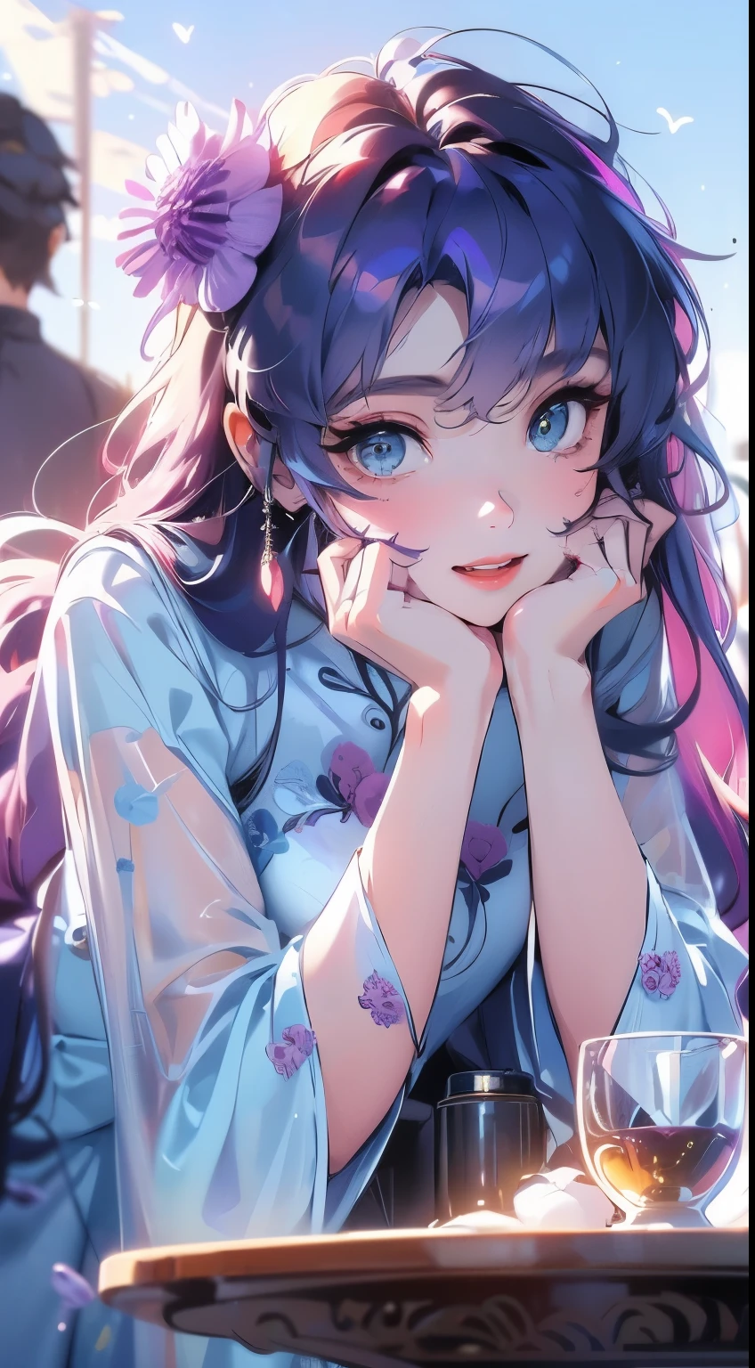 masterpiece , detailed image , detailed eyes , beautiful eyes , detailed hair , detailed hands , normal hands , detailed fingers , normal fingers , 1girl , solo , 19 year old girl , beautiful girl ,  cute girl , (Light Sky Blue eyes:1.5), sparkling eyes, bright eyes, (long hair), waist length hair, ((Thistle purple-colored hair:1.5)), (bangs hairs:1.5), (happy expression:1.5), big smile, cute emotion, big eyes , ((wearing an oversized  Carnation pink-colored innovative Ao dai :1.5 )), a cute innovative Ao dai,Modern design of Ao dai, (Decorative motifs on the ao dai use Uranian Blue color:1.5) , (Aodai clothes:1.5) ,The ao dai has some Fairy Tale colors to decorate it, Cute action, lovely pose, (white background:1.5), cinema light background, blurred background , cowboy shot , look the viewer