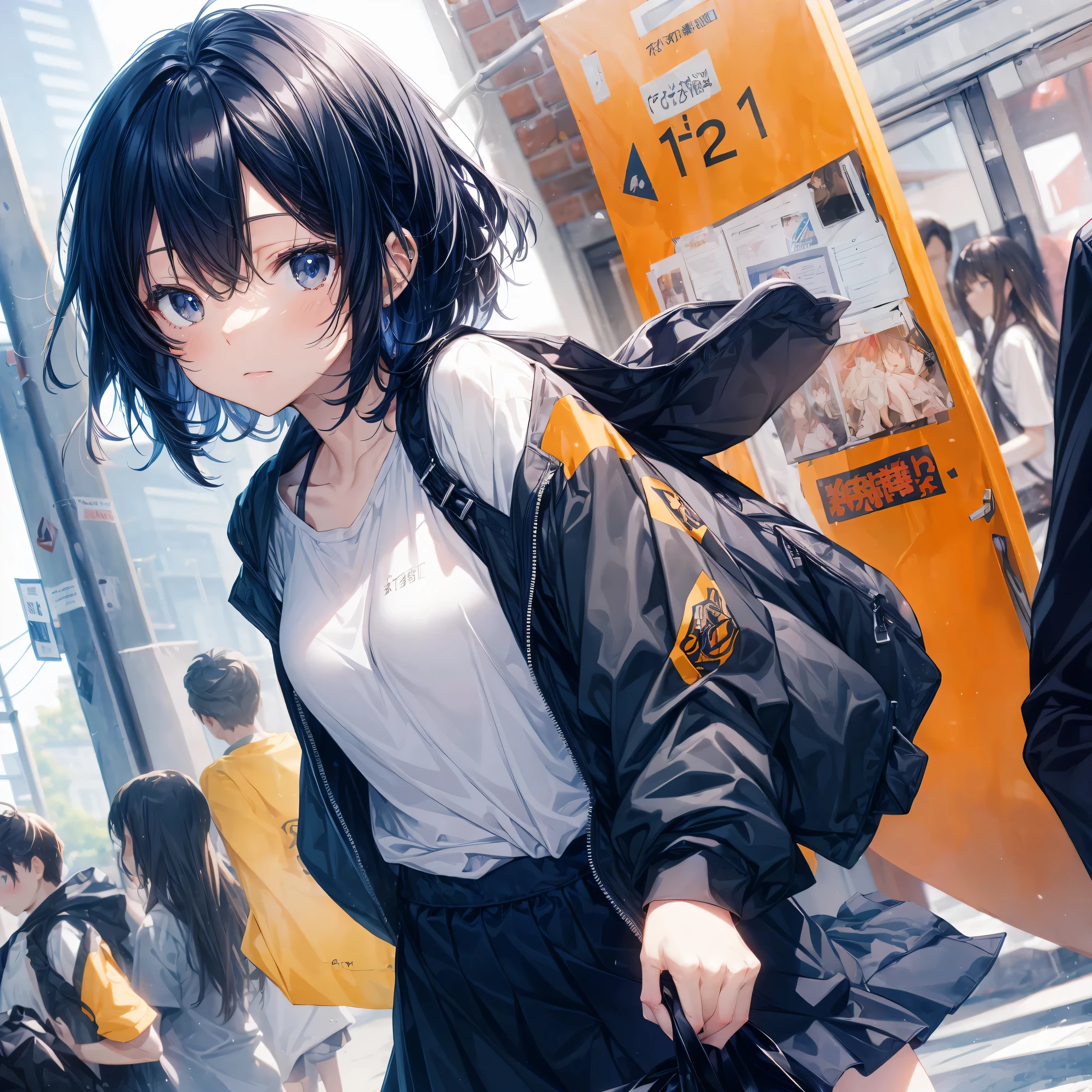 Super high quality by the art god, Ultra-detailed, High resolution, Shinkai Makoto style, anime moe art style, best anime 8K konachan wallpaper, Pixiv Contest Winner, Perfect Anatomy, BREAK,(Please draw a sleepy girl going to school alone.. ),BREAK, a hyperrealistic schoolgirl, (Solo,Lori,,13yea:1.3),Full limbs, complete fingers,a junior gynous attraction, (Very short hair), hair messy, flat chest, Small butt, groin, Small eyes,Beautiful detailed black eyes, Well-proportioned iris and pupils, disgusted eye, High resolution detailed hair, School uniform, Skirt, On the way to school. BREAK,Ultra-detailed細なスキン, Best lighting by famous artists, 8K, Illustration,