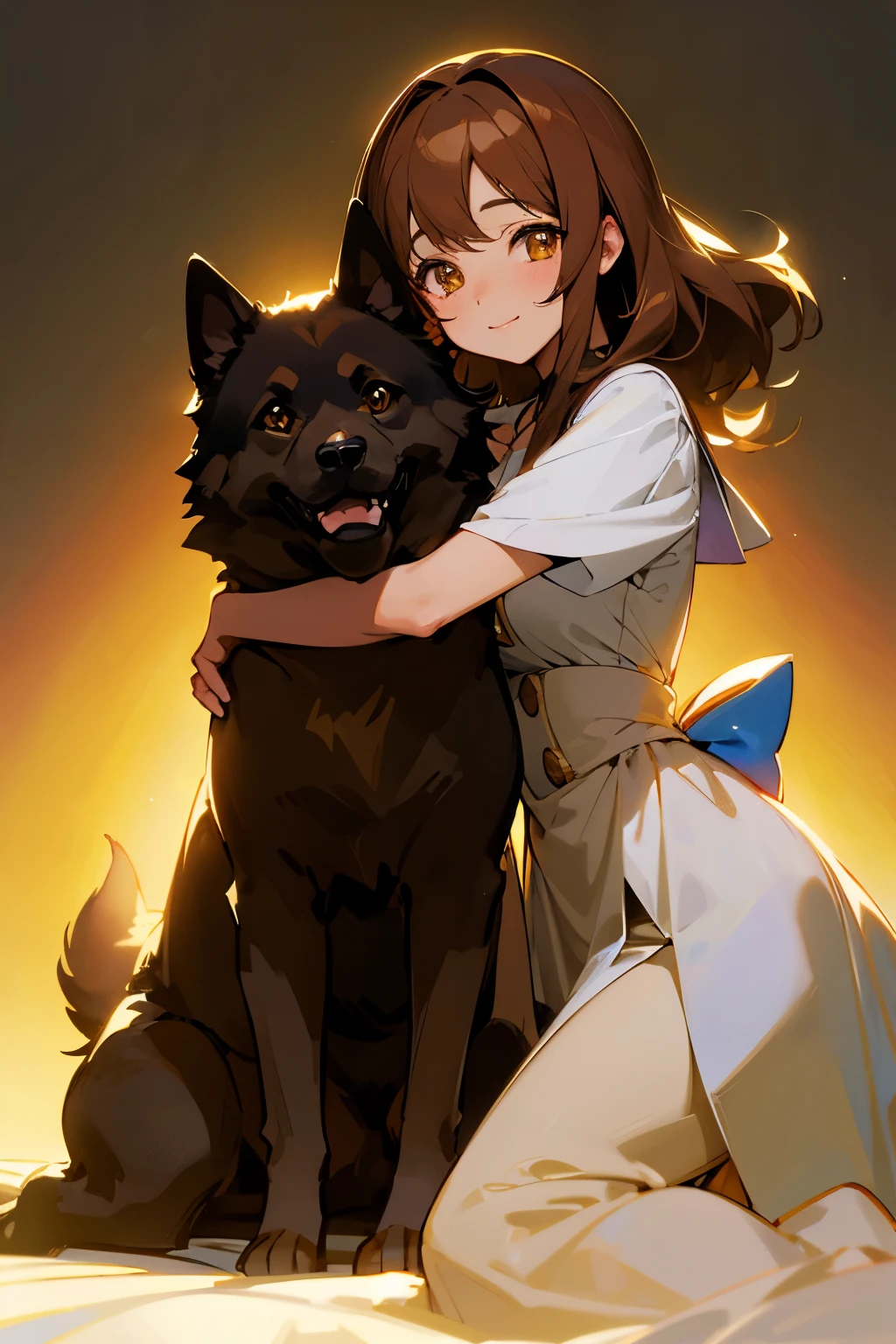 colores vibrantes, Soft lighting, Anime style, Beautiful, ojos detallados, Girl with brown hair, brown eyes, Sonrisa amistosa, Positional lighting,Traje casual, Mejillas sonrojadas, cabello brillante y brillante, Hugging a German Shepherd dog, Beautiful background