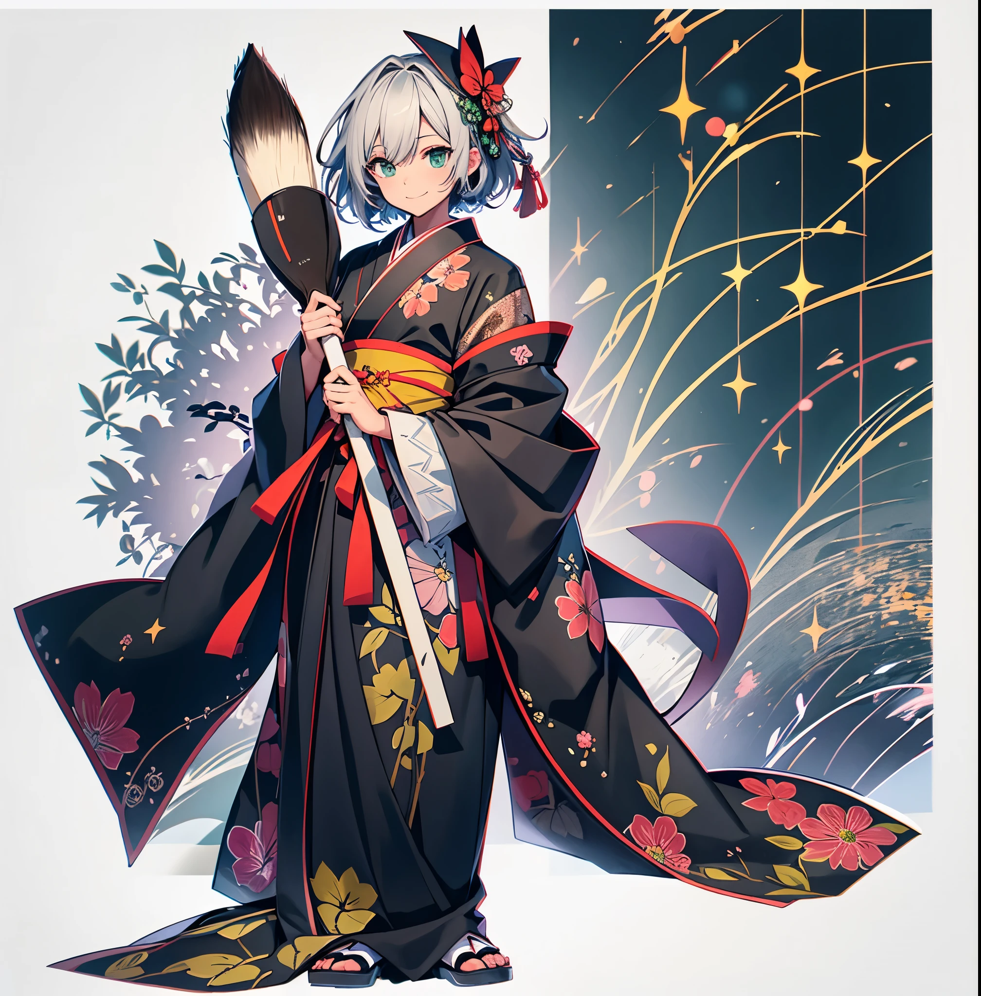 (1 moon)、(((giant brush)))、Full body depiction、(No background)、Standing alone、((Young man wearing patterned kimono))、(male people)、(Veteran Hero)、The ultra -The high-definition、(Bewitching appearance)、Short-cut hair、hair mixed with white and dark green,,A smile、Rin々Right