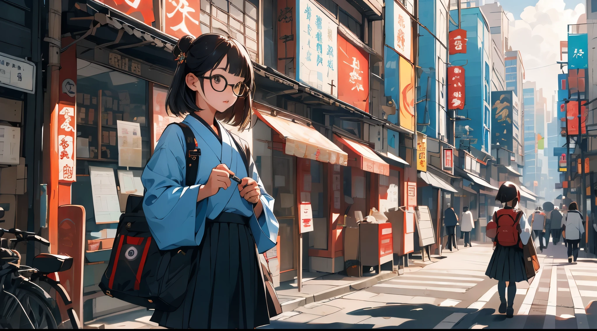 tmasterpiece, Best quality at best, ultra - detailed, illustratio,, (Fully equipped:1.4), 1 girl, eye glass, small, tiese, a skirt, Bao, 校服, brunette color hair, Outdoor activities, pathway, between, the street, school Bao, groundvehicle, Danchi, jpn,,