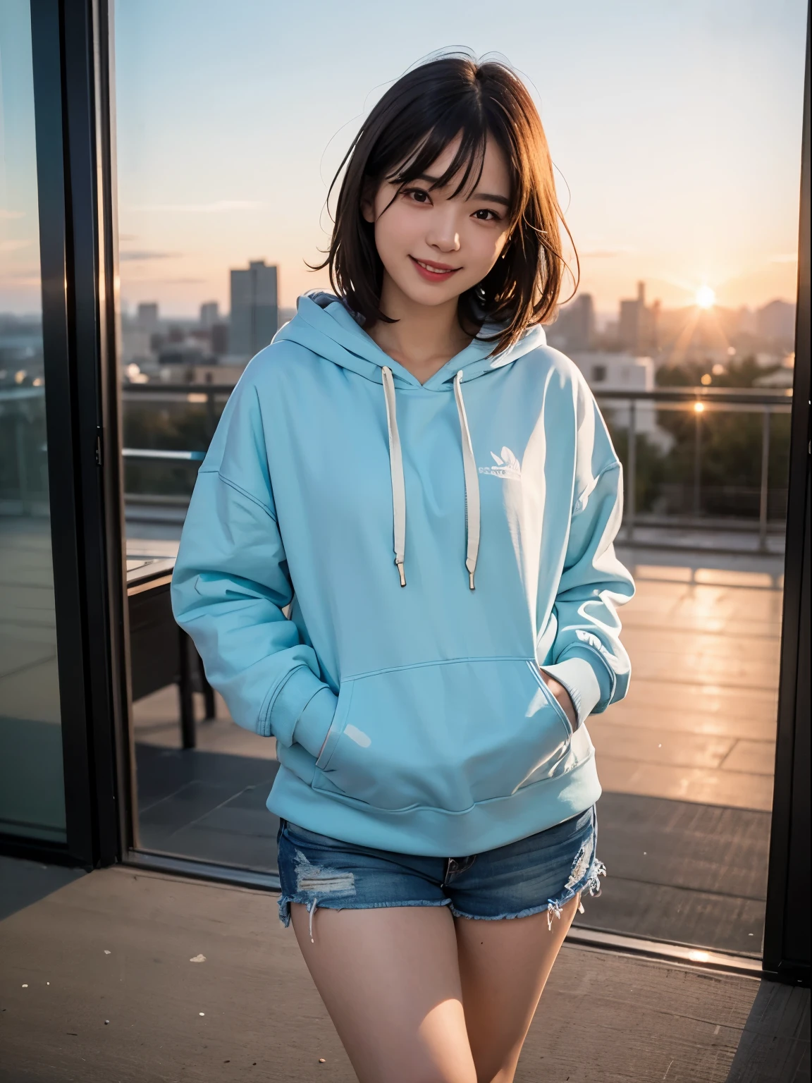 (RAW photo, best quality, high quality, highres), (realistic, photo-realistic), ultra-detailed, (front lighting), physically-based rendering, 1girl, 20 years old, (looking at viewer), (highly detailed skin:1.3), smiling, head tilt, very very long longest hoodie, light blue hoodie, bare legs, hands in hoodie pocket, detailed eyes, air bangs, sunset cityscape, legs wide open, dynamic pose