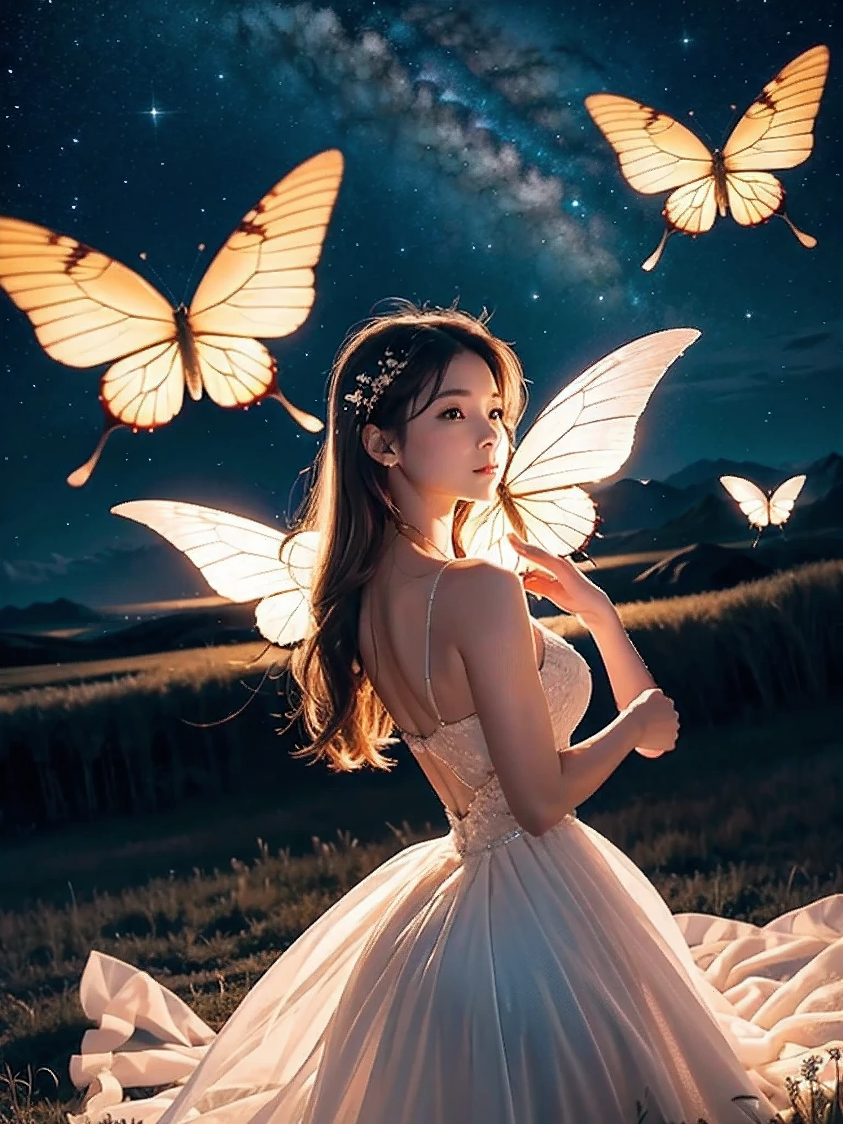 In a serene, The sound of my heart echoes. your dreams are like butterflies dancing in the night sky. This scene expresses a quiet and mysterious atmosphere., where is the software, In a serene響く心臓の鼓動. Above, many delicate, A graceful butterfly dancing gracefully against the starry sky. butterflies, Shine gently, Expressing the dream of flying into the vast universe. This enchanting image symbolizes the beauty of dreams and aspirations, Soar freely in the stillness of the night.