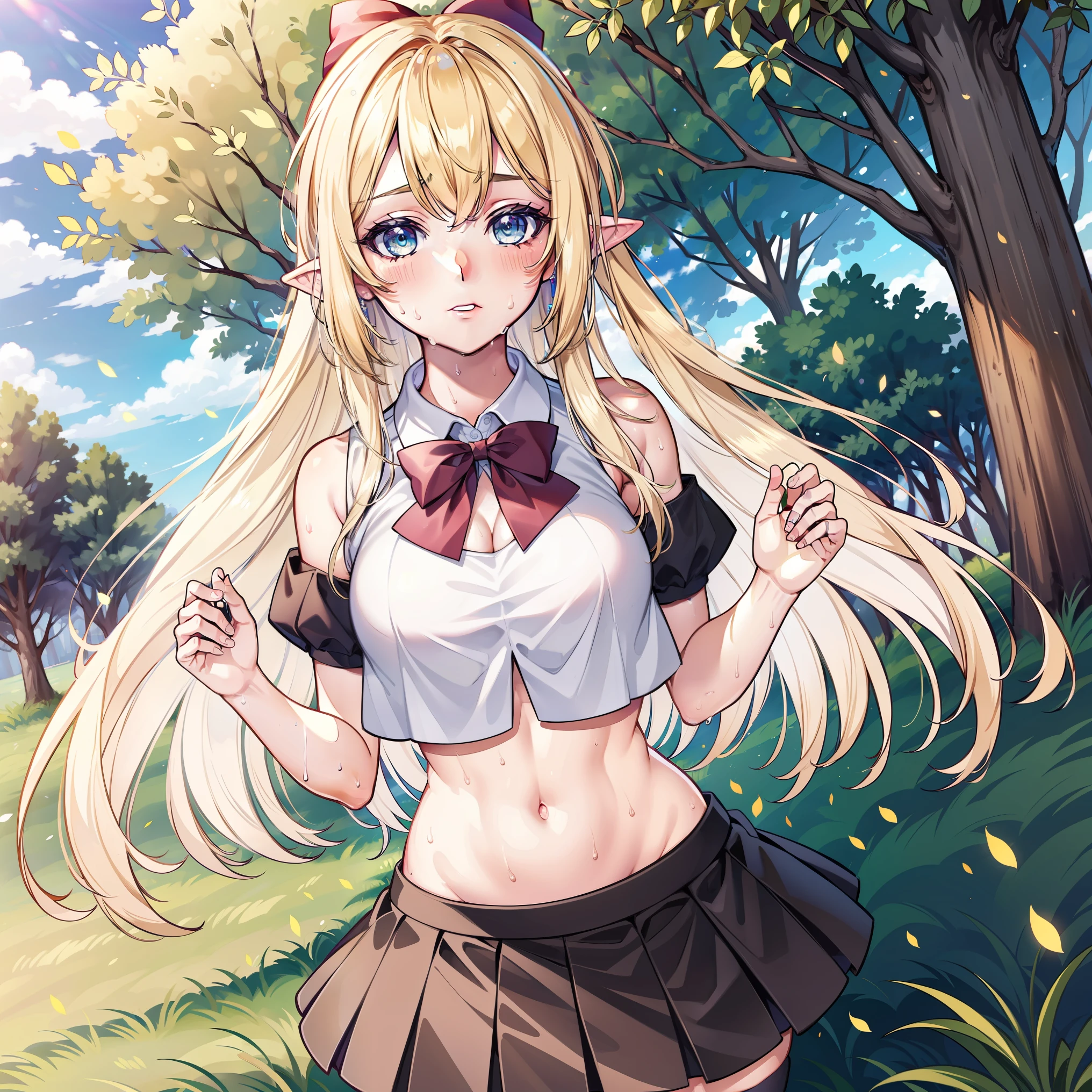blonde ponytail、red-eyes、one girls、独奏、Without bra、mini skirt、ssmile、in the woods, nude, no panty