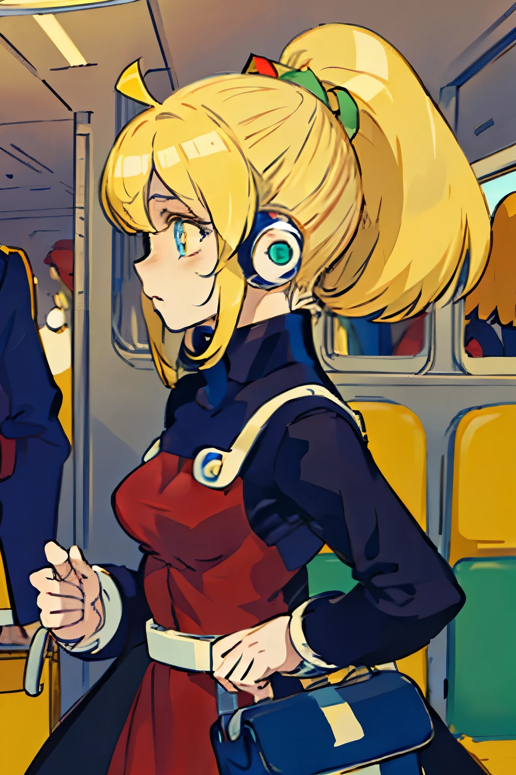 (masterpiece, sidelighting, ultra-detailed, finely detailed beautiful eyes: 1.2), 1girl, bag, building, looking melancholy, perky breasts, (roll from megaman), blonde hair, ponytail, from side, headphones, red dress, black shirt, long hair, straight hair, profile, blonde hair, solo, train, train interior, upper body, Masterpiece, best quality