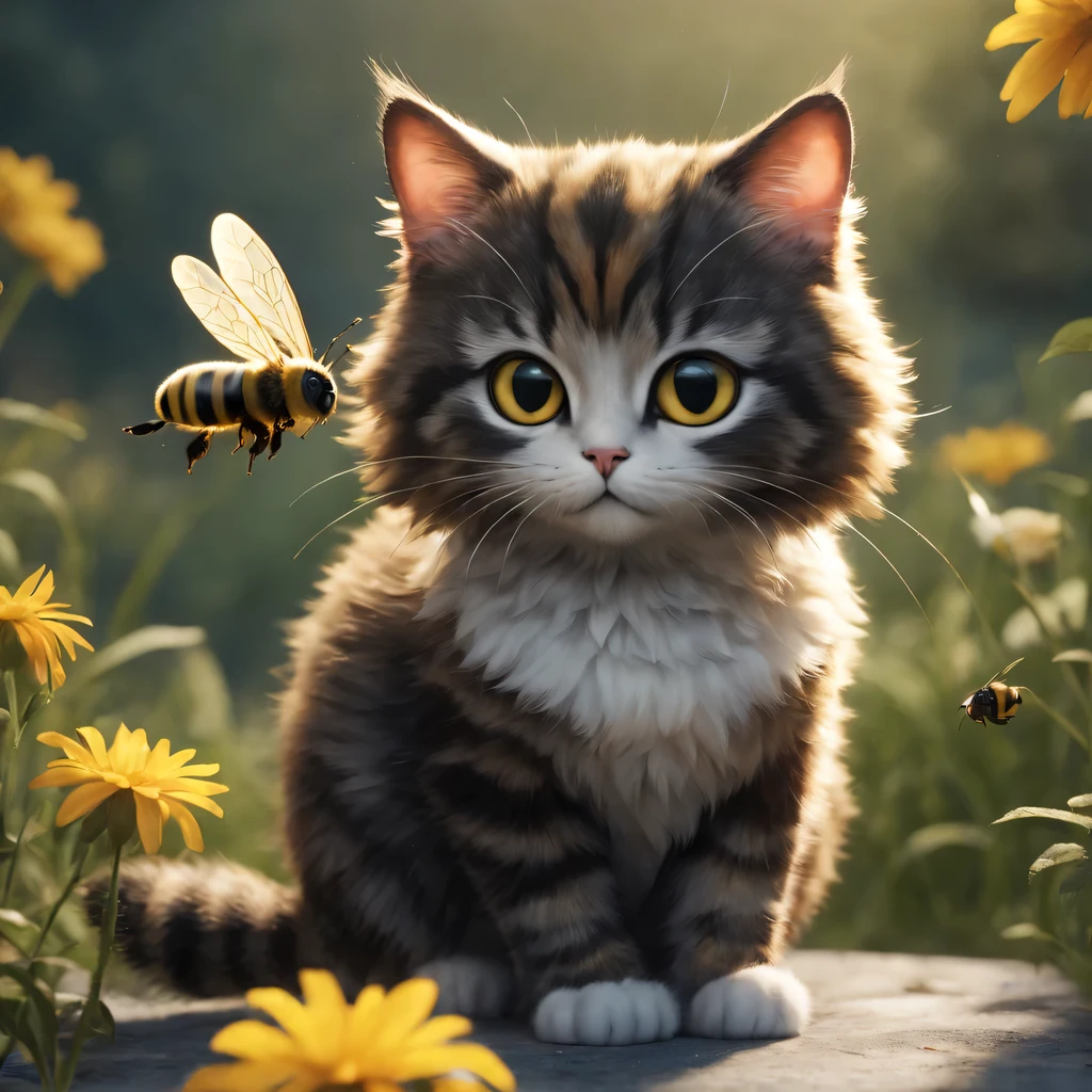 Create a character, connecting Cat and Bee., the complete fusion of a cat and a bee forms a new unusual creature, full pose, full - body, high detail, Maximum realism, cinematic treatment