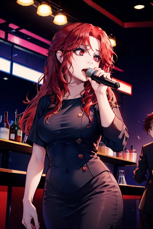 A red haired woman with red eyes is singing karoke at a bar