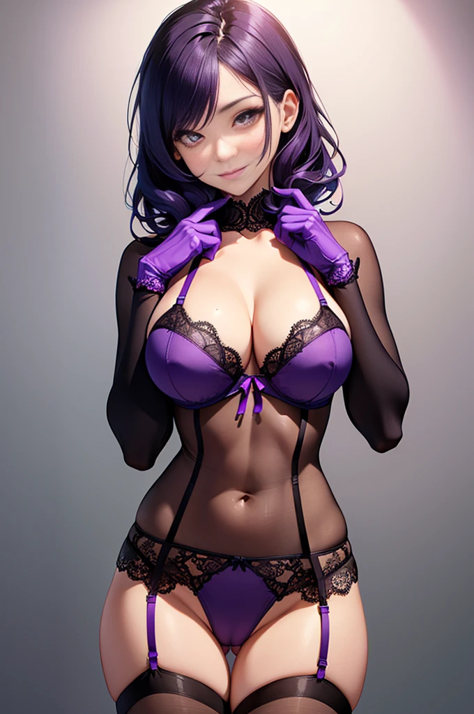 ((Best quality at best, tmasterpiece)), detailed, actual, ung woman with long white curly hair, notice, 25 years, (giggle:1.3), (violet colored eyes:1.3) (Woman in motion:1.5), (Abs:1.3), (shapely body:1.5) (humongous large brea(eye shadows), 鎖骨, (Resilient:1.4), (Luxury Bodysuit Underwear:1.Purple lace lingerie:1.6), (Purple lace stockings:1.Purple lace gloves:1.3), (Gray gradient background:1.lace your hands on it:1.3) (Squat:1.3), (:1.3) (Camel toesrtificially visible vulva:1.3) (detailed image, high high quality, HighDynamicRange, tmasterpiece, hyper-detailing) (photorealistic image)