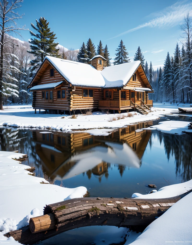 tmasterpiece, beste-Qualit, highly quality, extremely detailed CG 8k wallpaper unit, paysage, hiver, ((neige)), dehors, ciel, jour, paysage, Eau, arbre, ciel bleu, cascade , nature, lac, Rio, ciel nuageux, science-fiction, high-tech, metals, cyberpunk, dark SF,(large log cabin:1.4)