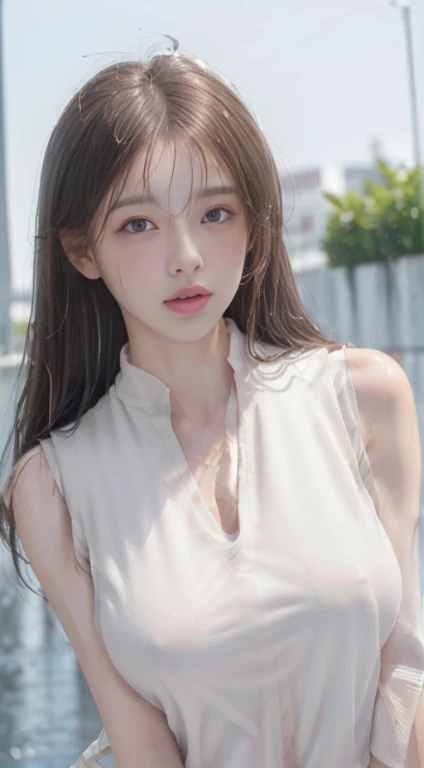((Realistic lighting, Best quality, 8K, Masterpiece: 1.3)), Clear focus: 1.2, 1girl, Perfect body beauty: 1.4, Slim abs: 1.1, (Big breasts), (White vest: 1.4), (Outdoor, night: 1.1), City streets, Super fine face, fine eyes, Double eyelids, (Wet in the rain, wet body: 1.2)