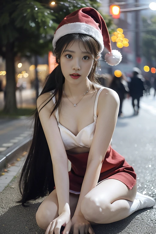 1 japanese girl, (ulzzang-6500-v1.1:0.8), (raw photo:1.2),((photorealistic:1.4)), best quality, masterpiece, an extremely delicate and beautiful, extremely detailed, CG, unity, finely detail, masterpiece, detailed CG unity 8k wallpaper, absurdres, incredibly absurdres, ultra-detailed, highres, extremely detailed, beautiful detailed girl, extremely detailed eyes and face, beautiful detailed eyes, light on face, cinematic lighting, full body, perfect hand, depth of field, wearing sexy santa dress, wearing red stocking, garter bell, christmas hat, (no bra), blonde ponytail hair, in a street, christmas festival, night, snowing, christmas tree, small breasts, wide lips, necklace, bracelet, earring, walking,