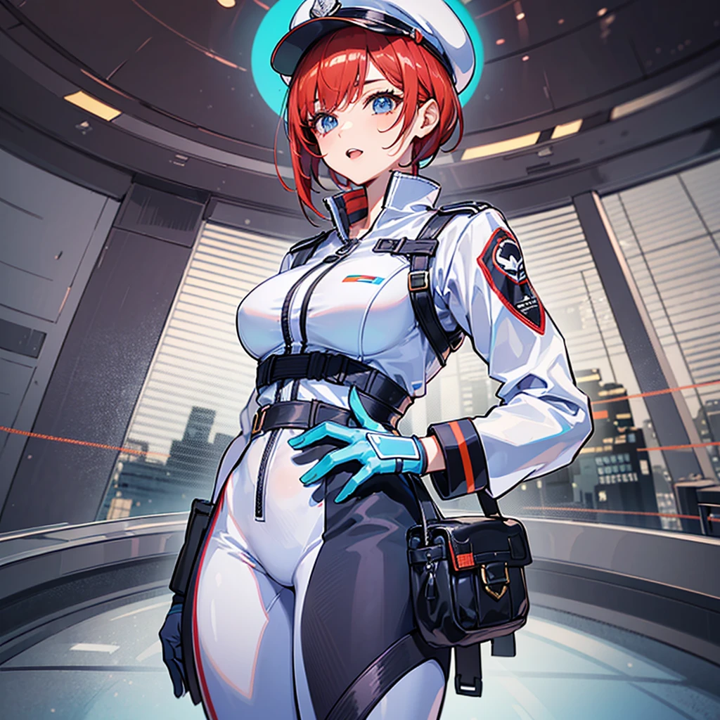 (((masterpiece、Top image quality、top-quality、highly detailed unity 8kwall-paper)))、(Illustration of one woman)、30-years old、(Viceroy)、((Red-haired shorthair))、(Thin hair hanging down both sides of the face)、Blue eyes、((Tall))、((Muscle Woman、stocky build、muscular legs、broad shoulders、solid chest))、((Military uniforms))、((Military Cap))、((Military coat))、(white clothes)、(White pants)、(White cap)、trench coat、(((Inside a futuristic spaceship、bridge、The Universe on the Monitor)))