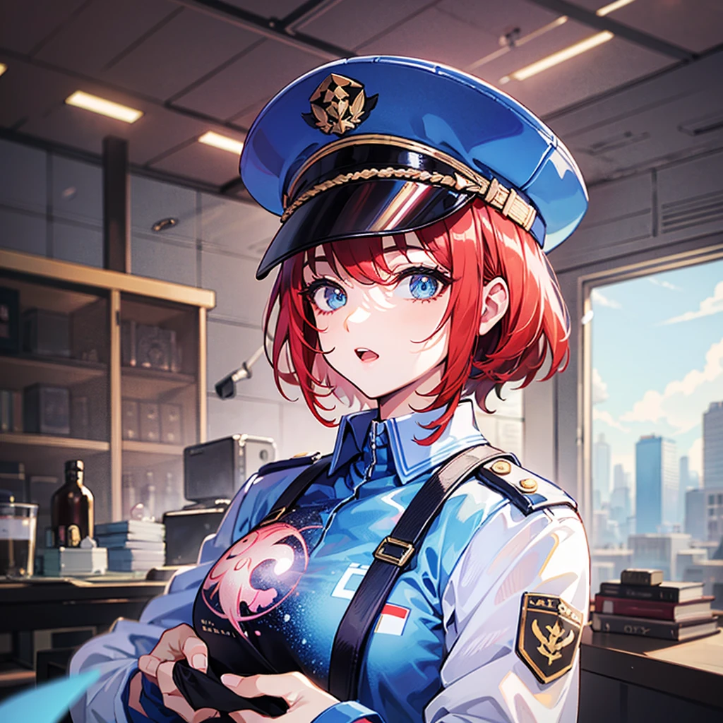 (((masterpiece、Top image quality、top-quality、highly detailed unity 8kwall-paper)))、(Illustration of one woman)、30-years old、(Viceroy)、((Red-haired shorthair))、(Thin hair hanging down both sides of the face)、Blue eyes、((Tall))、((Muscle Woman、stocky build、muscular legs、broad shoulders、solid chest))、((Military uniforms))、((Military Cap))、((Military coat))、(white clothes)、(White pants)、(White cap)、trench coat、(((Inside a futuristic spaceship、bridge、The Universe on the Monitor)))