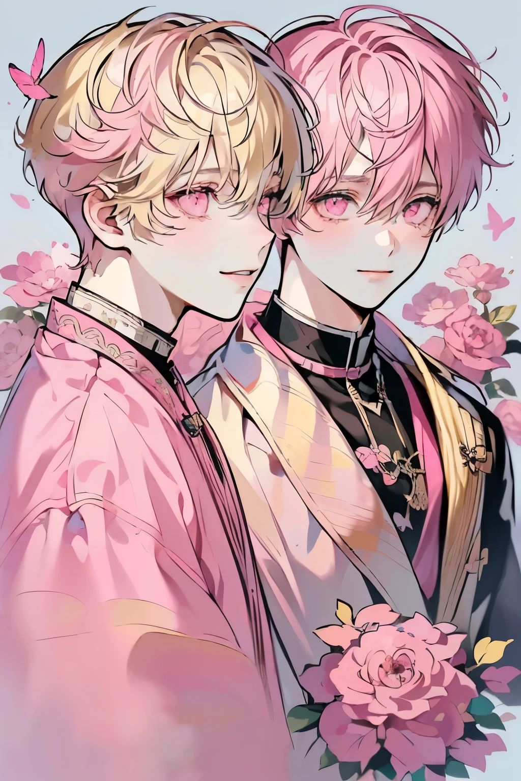 (masutepiece), (Best Quality), Highly detailed, (Two Boys:1.5), focus,Perfect face, Beautiful face, extra detailed face,(Pink eyes:1.3),florals,butterflys々,floralsびら,optic,(a smile:1.3),(blond boy:1.4),(pink hair boy:1.4)